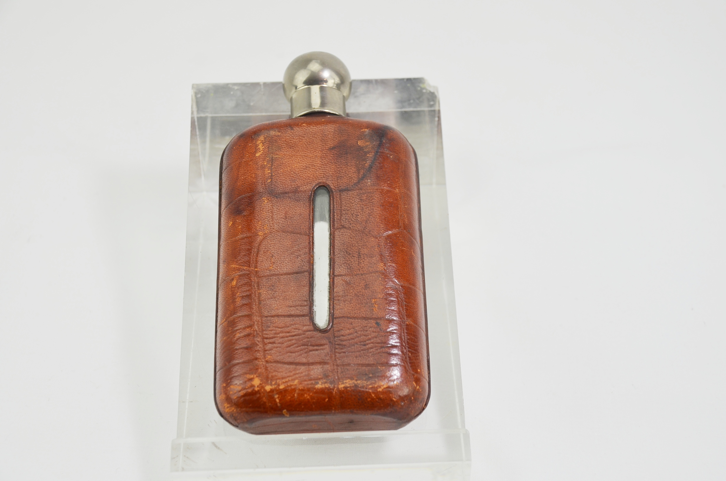 Antique Leather-Clad Glass Bottle Hip Flask - Image 2