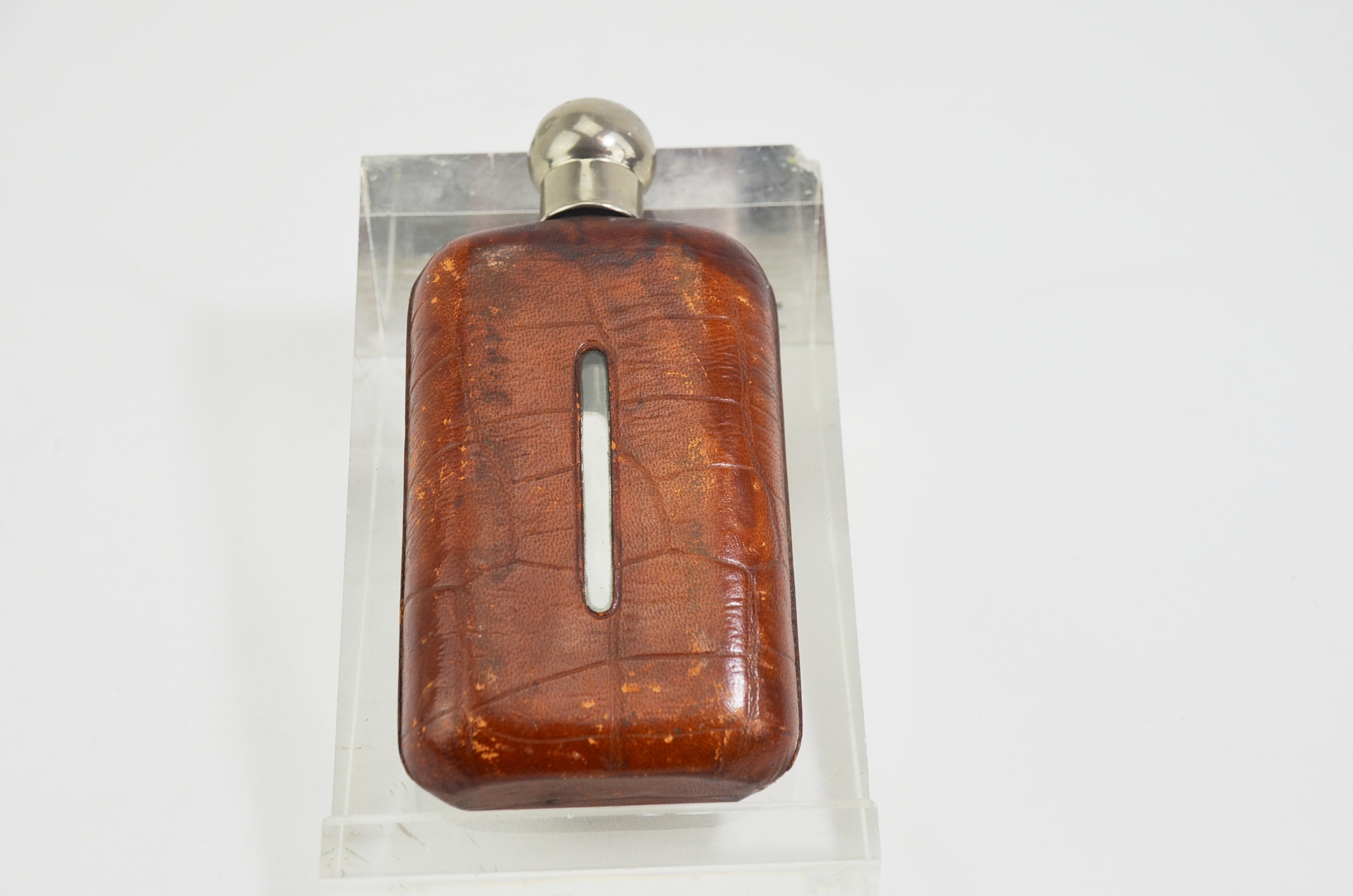 Antique Leather-Clad Glass Bottle Hip Flask