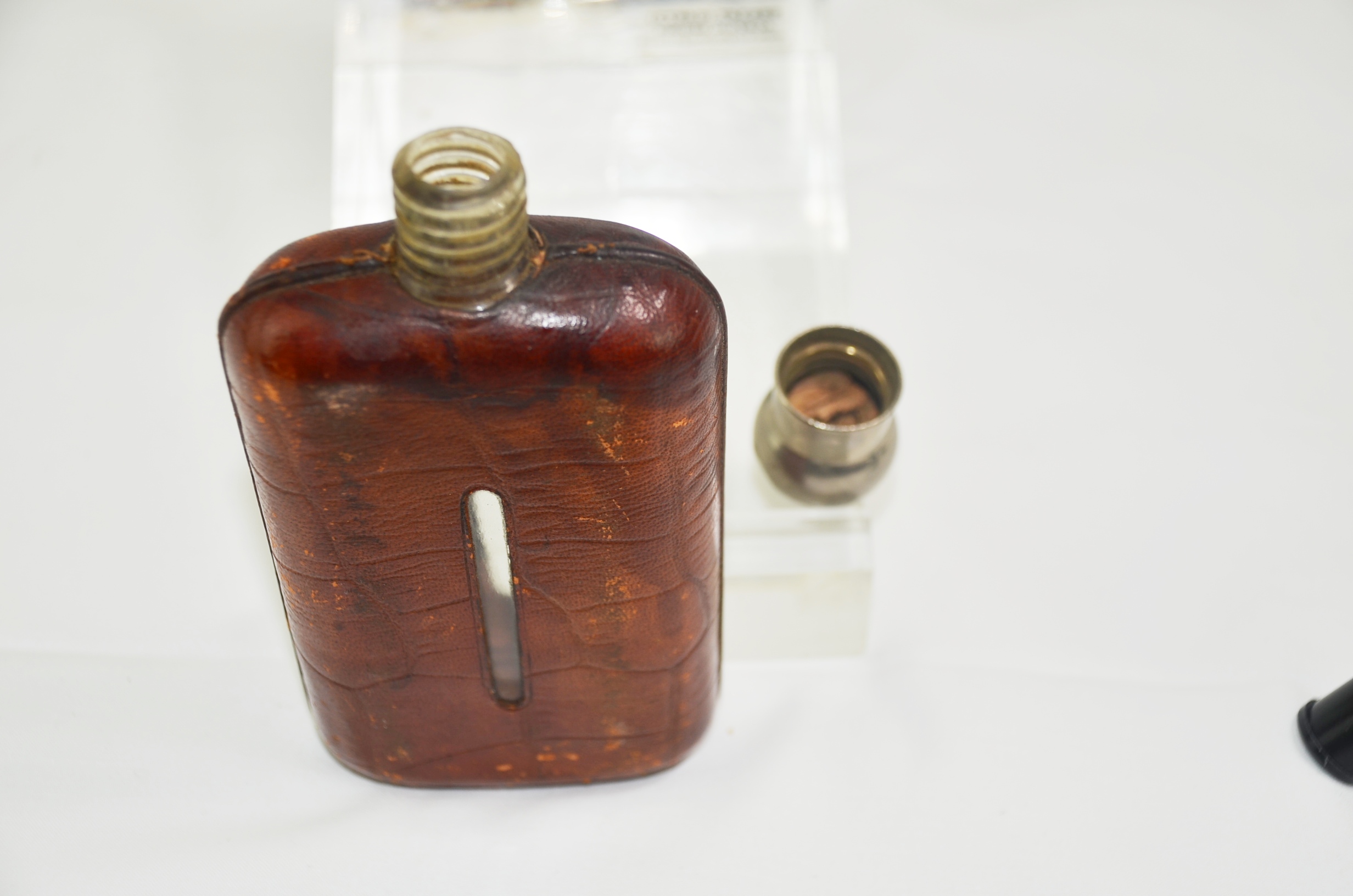 Antique Leather-Clad Glass Bottle Hip Flask - Image 4