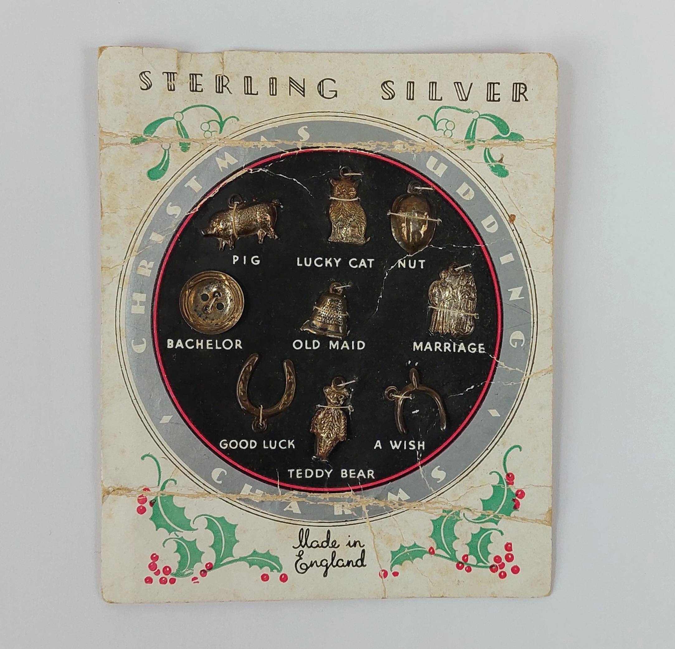 Set of 9 Sterling Silver Christmas Pudding Charms on Original Card c1950s *