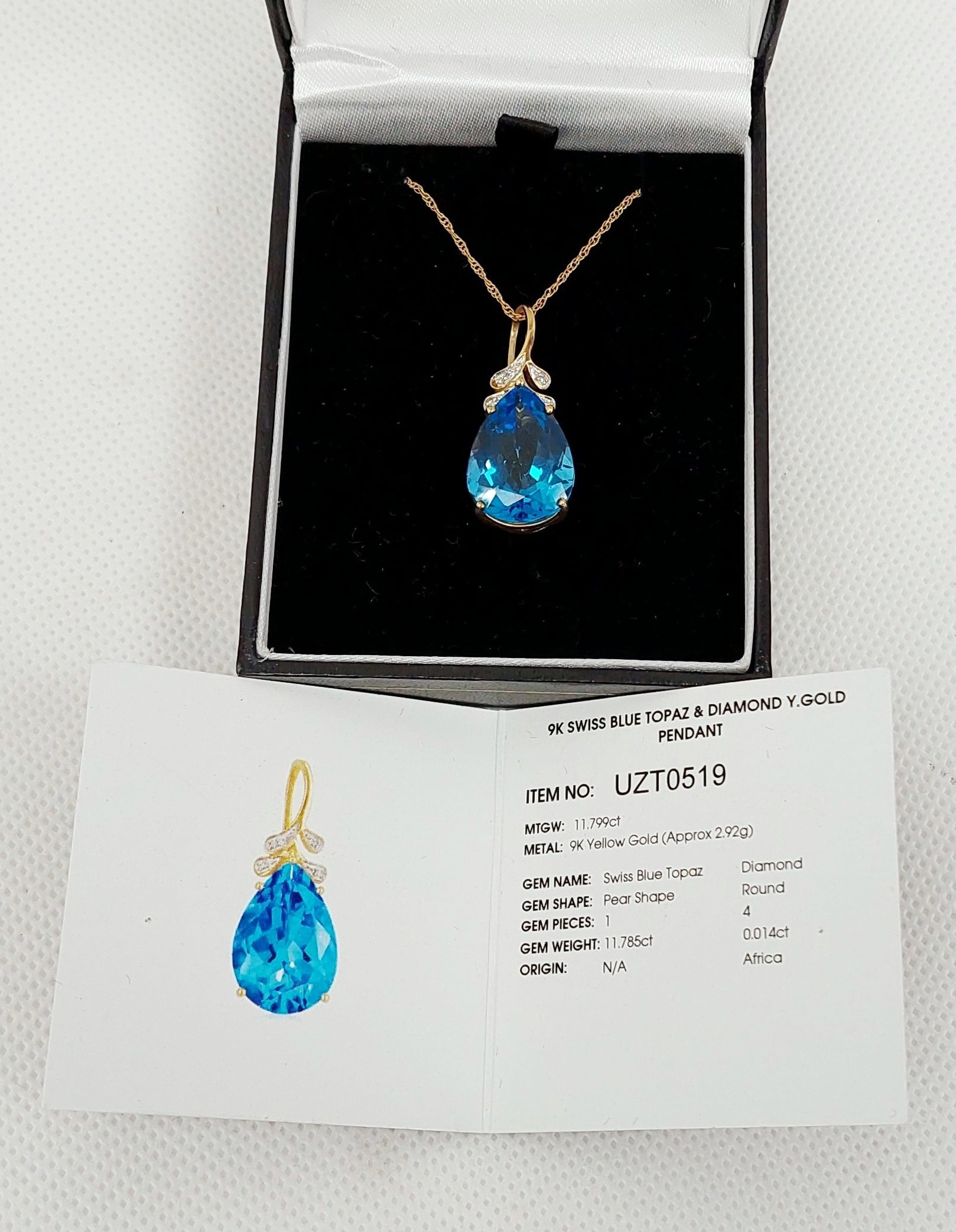 9ct Yellow Gold Swiss Blue Topaz & Diamond Pendant Necklace - Image 7