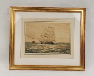 Watercolour of 'Three-Master with Steam Tug' by Frank Wildes Thompson c1887*