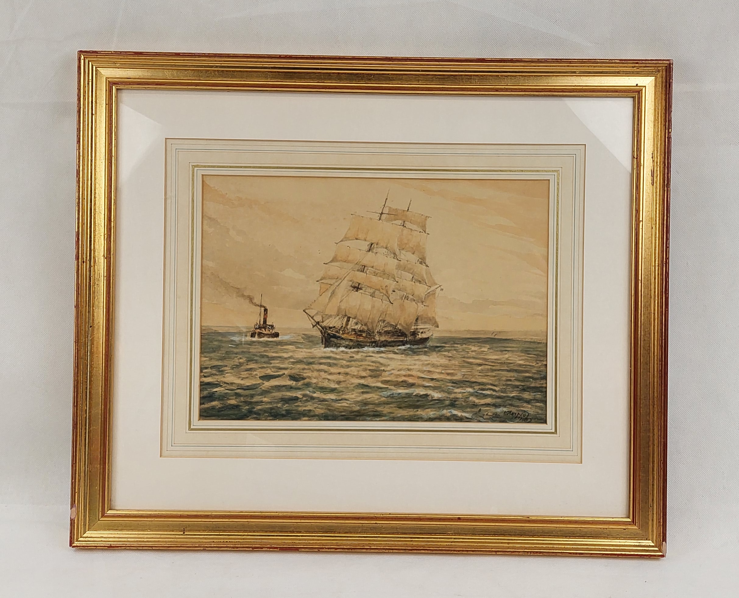 Watercolour of 'Three-Master with Steam Tug' by Frank Wildes Thompson c1887*