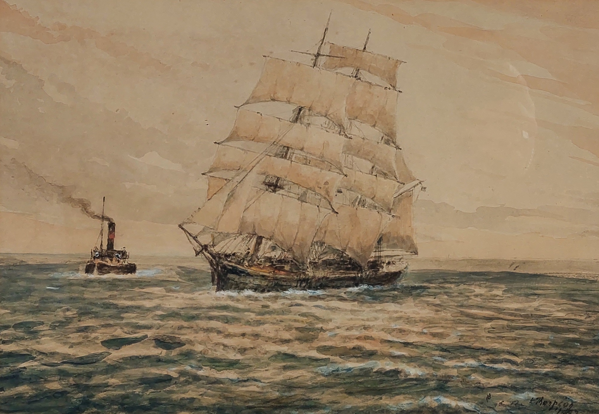Watercolour of 'Three-Master with Steam Tug' by Frank Wildes Thompson c1887* - Image 2