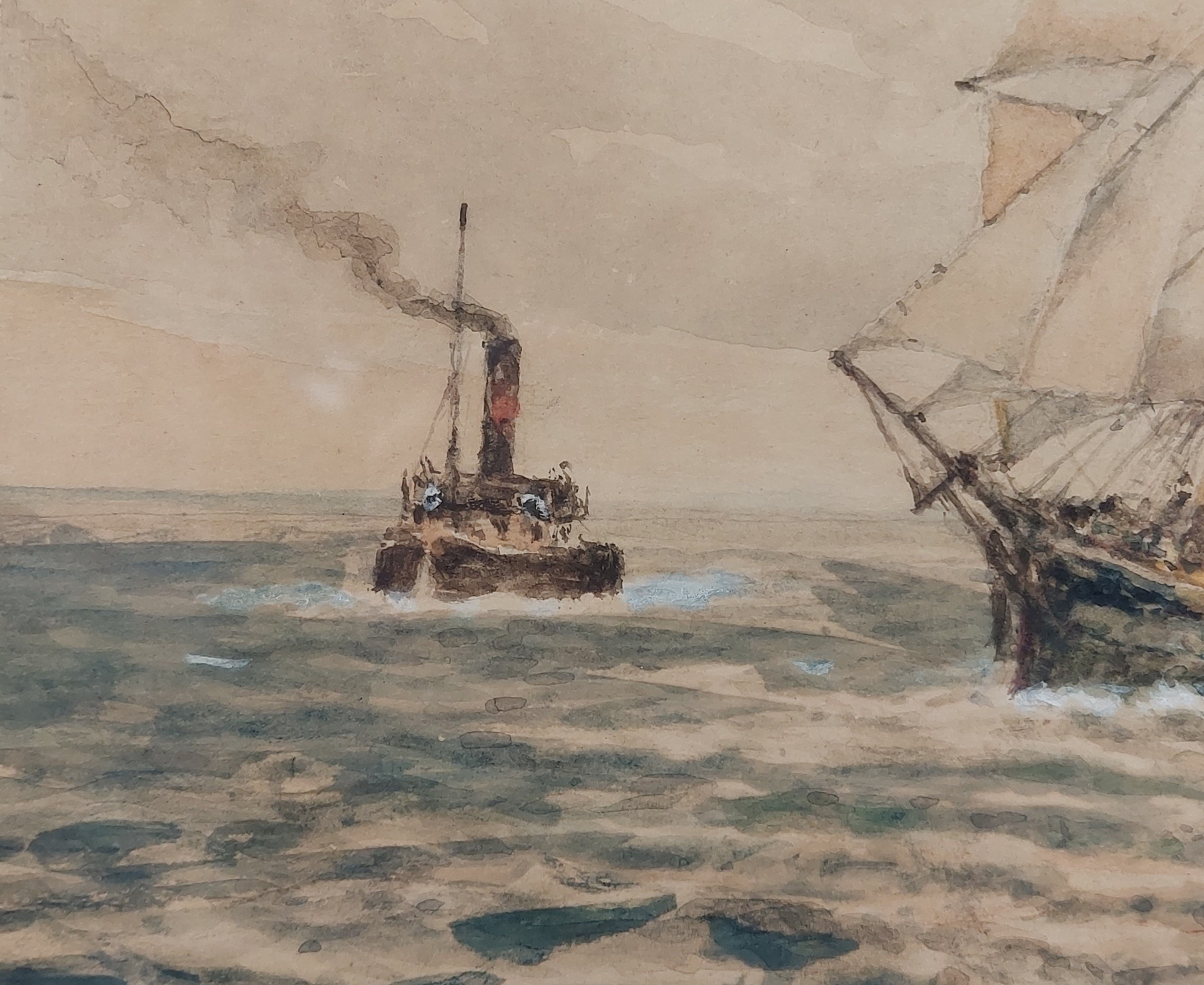 Watercolour of 'Three-Master with Steam Tug' by Frank Wildes Thompson c1887* - Image 3