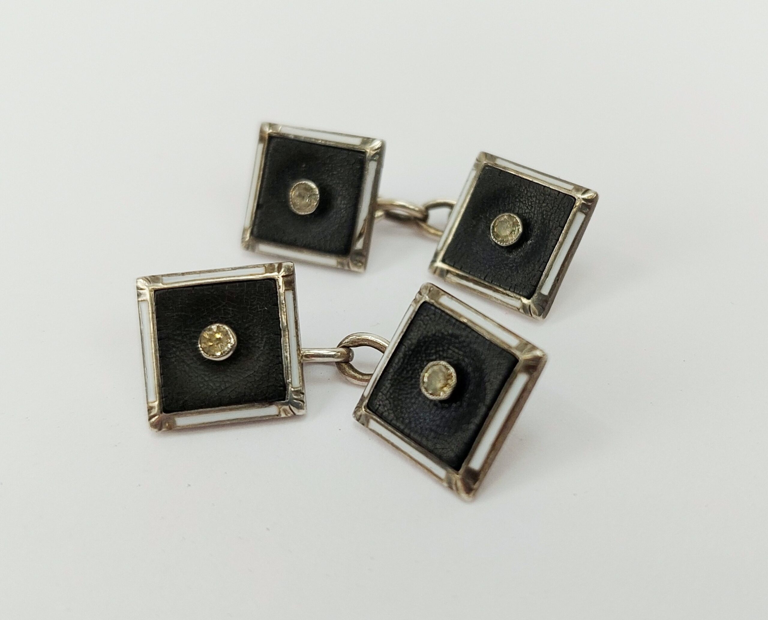Sterling Silver Leather, MOP & Glass Cufflinks Pair