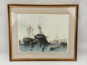 Large Victorian Framed Hand Coloured Print Of Men Of War Ships And Hulks Moored In Portsmouth Harbour