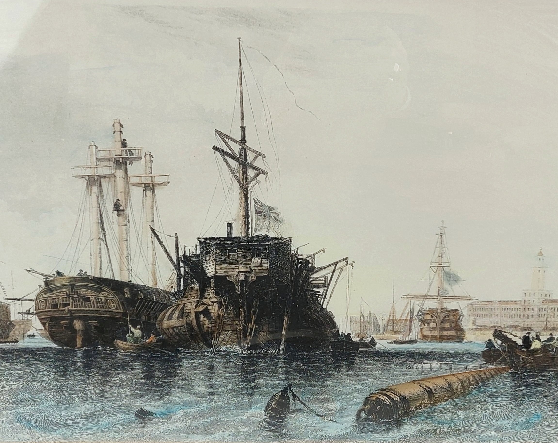 Large Victorian Framed Hand Coloured Print Of Men Of War Ships And Hulks Moored In Portsmouth Harbour - Image 4
