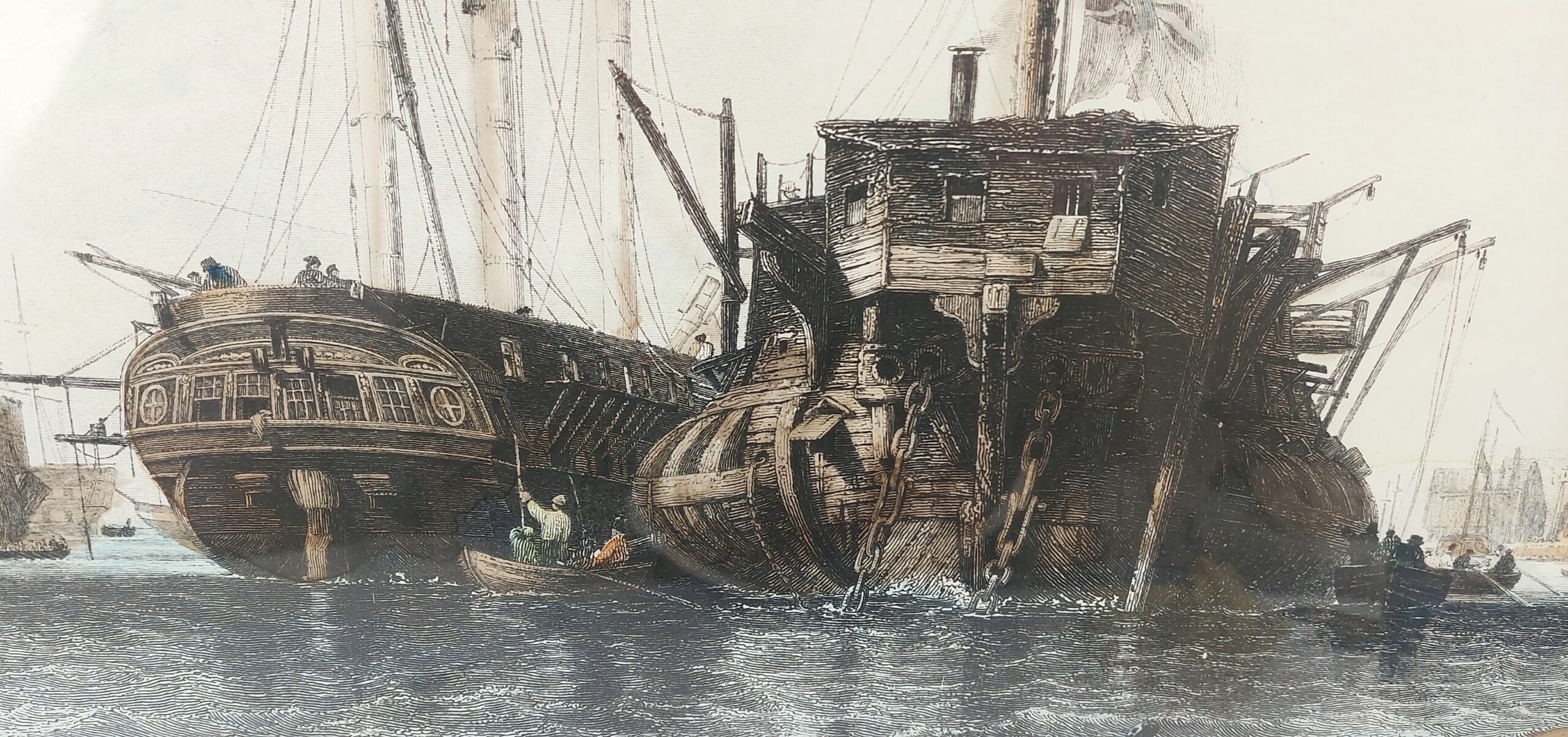 Large Victorian Framed Hand Coloured Print Of Men Of War Ships And Hulks Moored In Portsmouth Harbour - Image 5