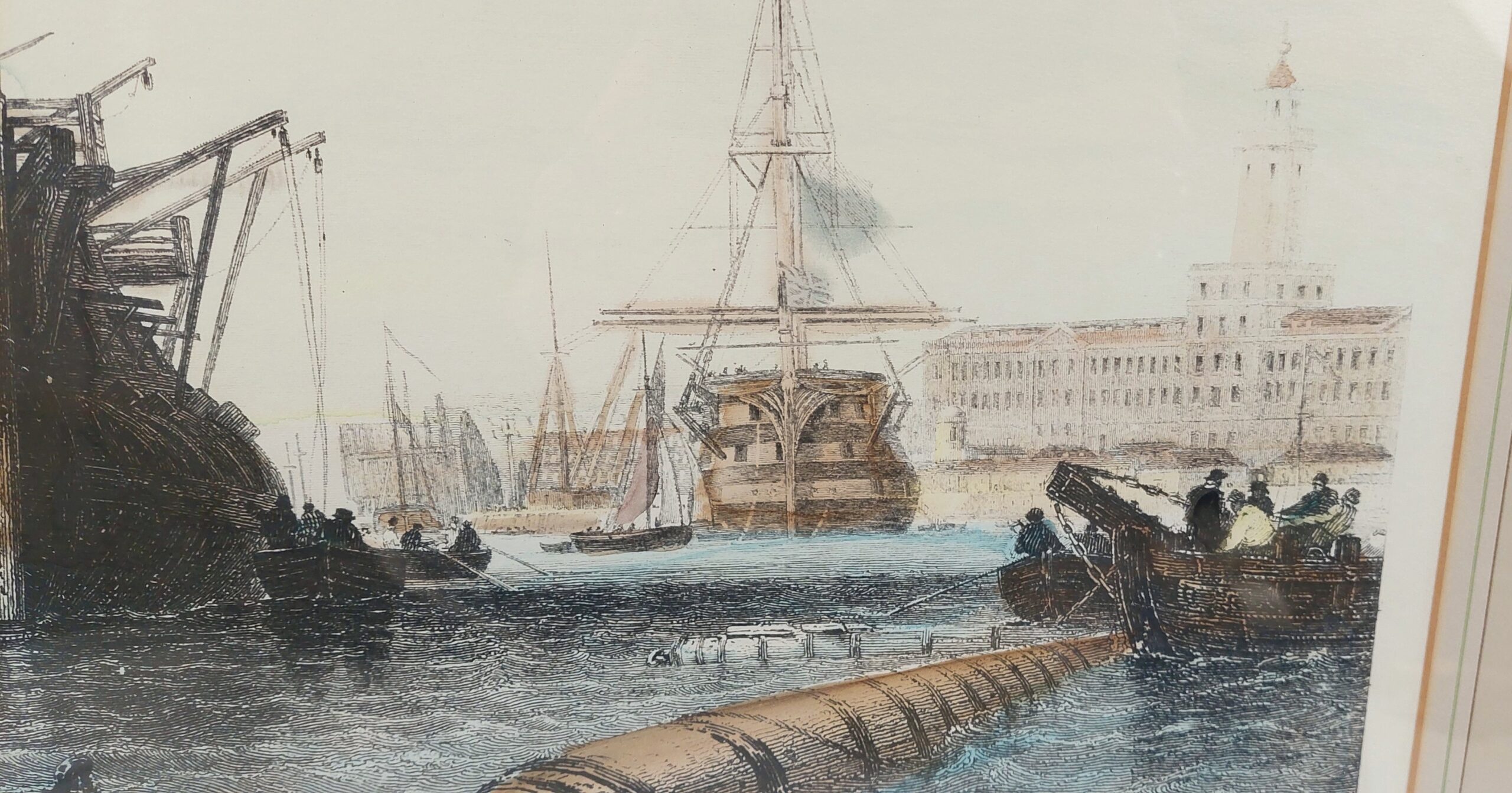 Large Victorian Framed Hand Coloured Print Of Men Of War Ships And Hulks Moored In Portsmouth Harbour - Image 2