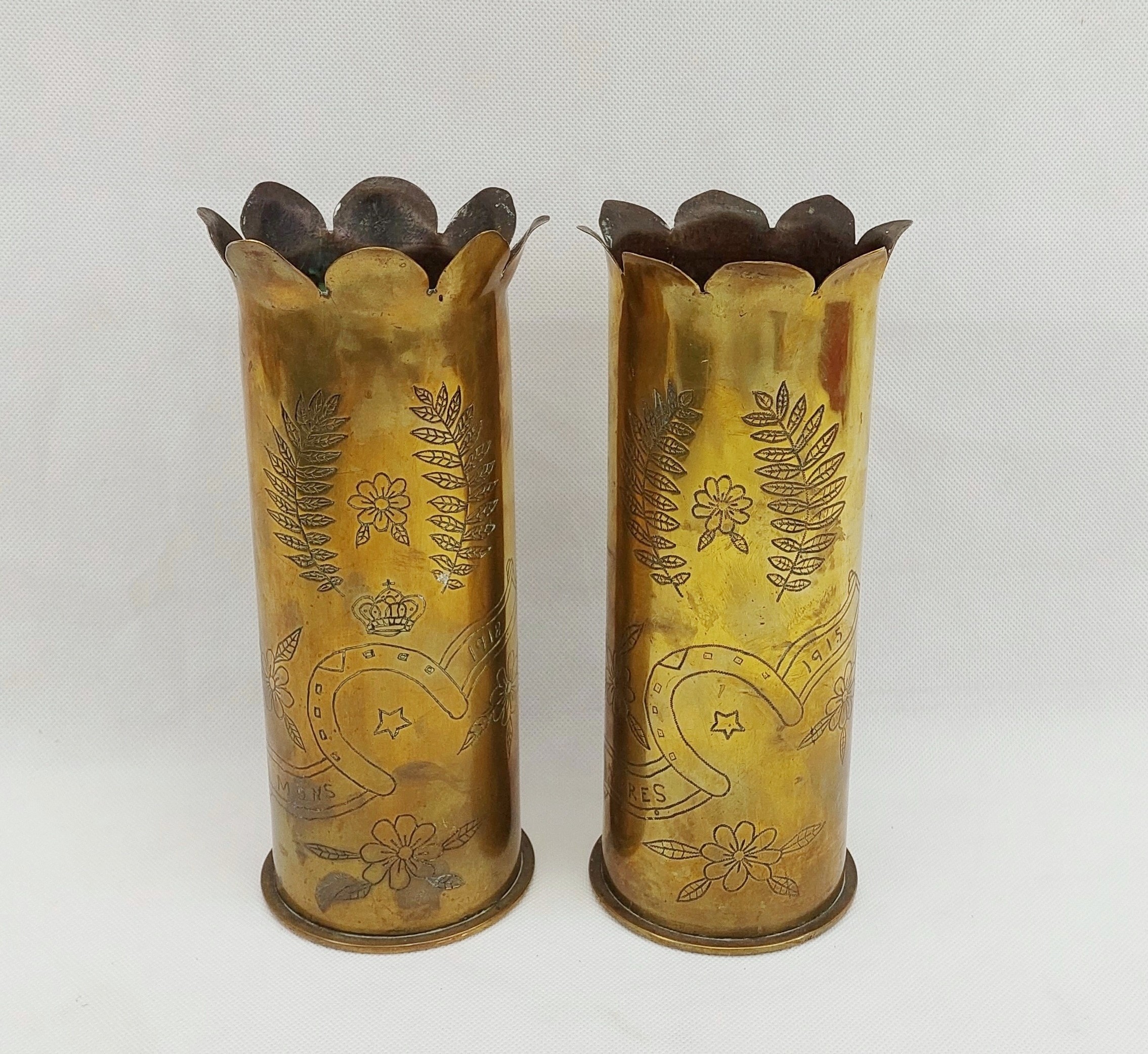 WW1 1915 And 1917 Trench Art 75mm Shell Case Pair