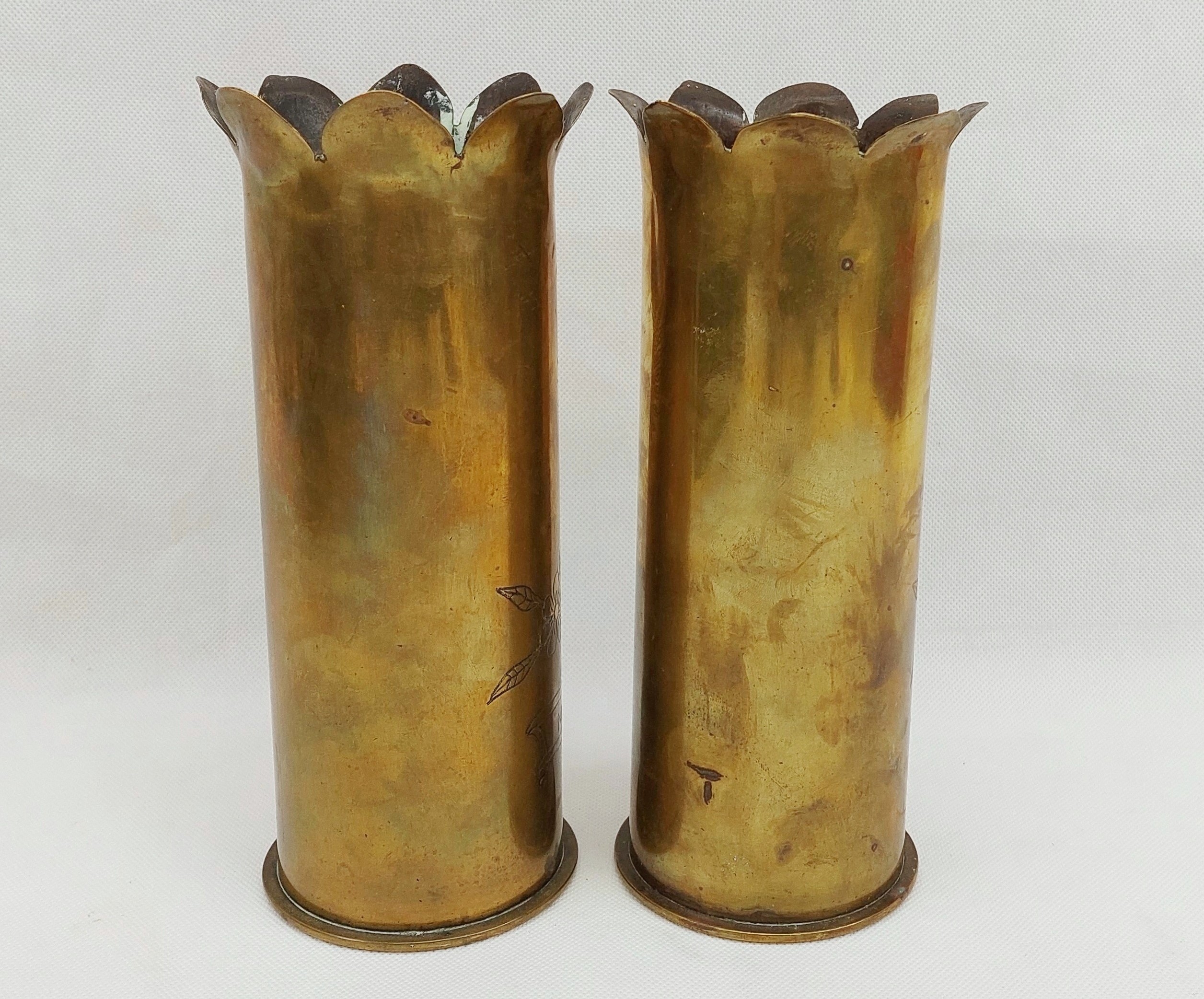 WW1 1915 And 1917 Trench Art 75mm Shell Case Pair - Image 2