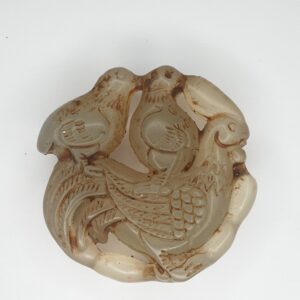 Chinese Grey Celadon Jade Disc Of A Hen And Two Chicks