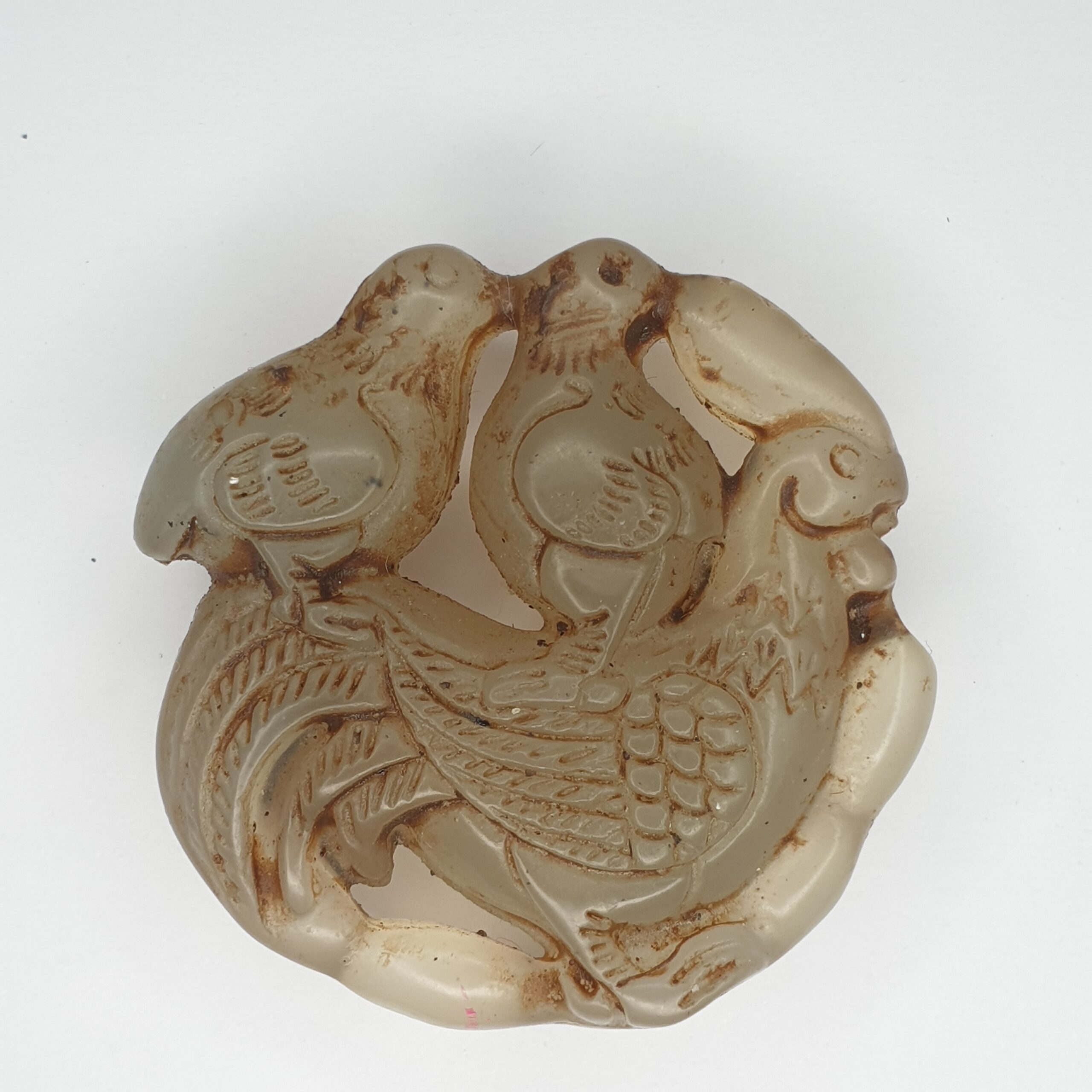 Chinese Grey Celadon Jade Disc Of A Hen And Two Chicks