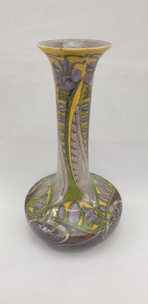 Fine Circa 1900 Art Nouveau Dutch Faience De Purmerende Vase With Iris Flowers