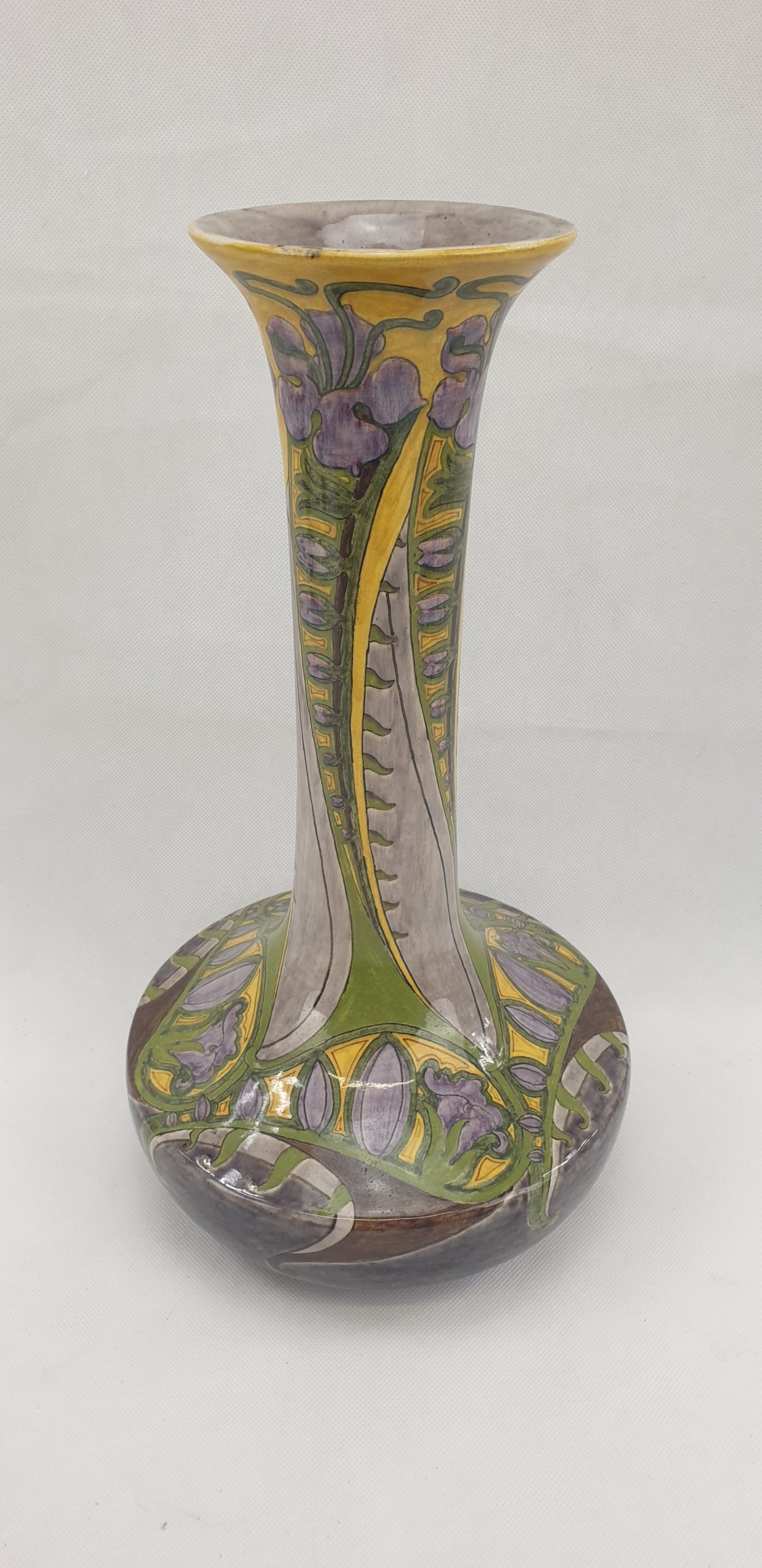 Fine Circa 1900 Art Nouveau Dutch Faience De Purmerende Vase With Iris Flowers
