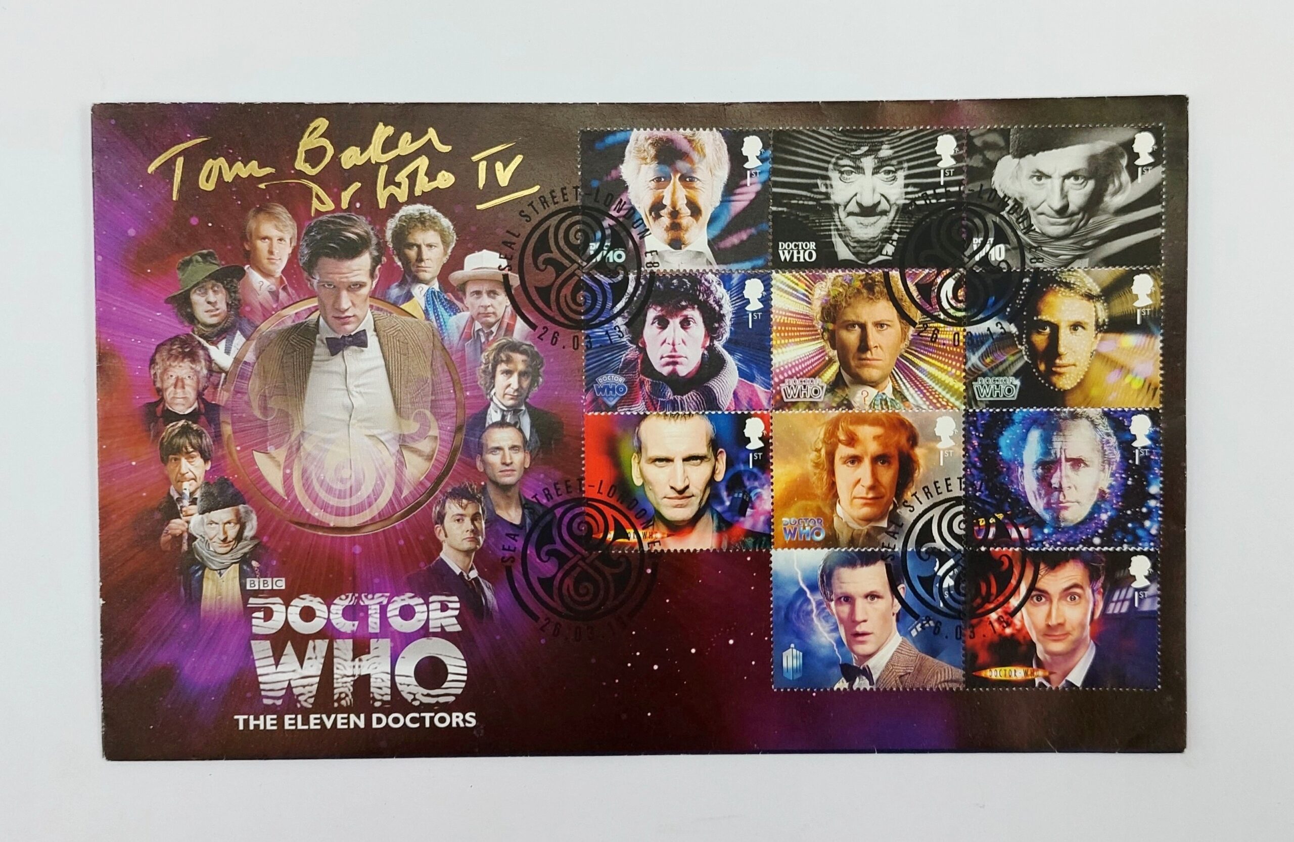 Doctor Who Limited Edition Envelope With Eleven Time Lord Stamps Signed Autograph By The Fourth Doctor Tom Baker