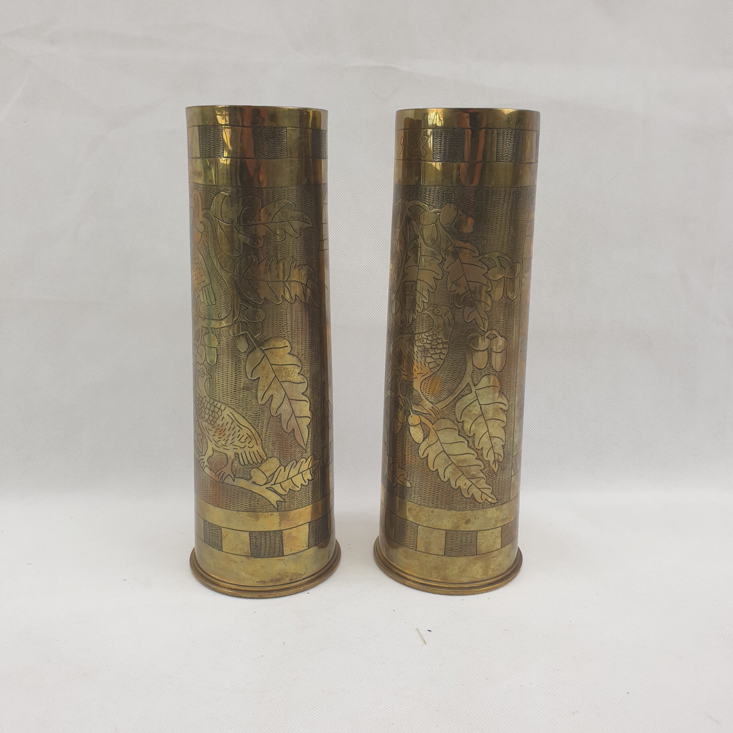 Fine Pair Of 1923 Trench Art Made From 18 Pounder 1918 Dated Shell Cases With Birds - Image 3