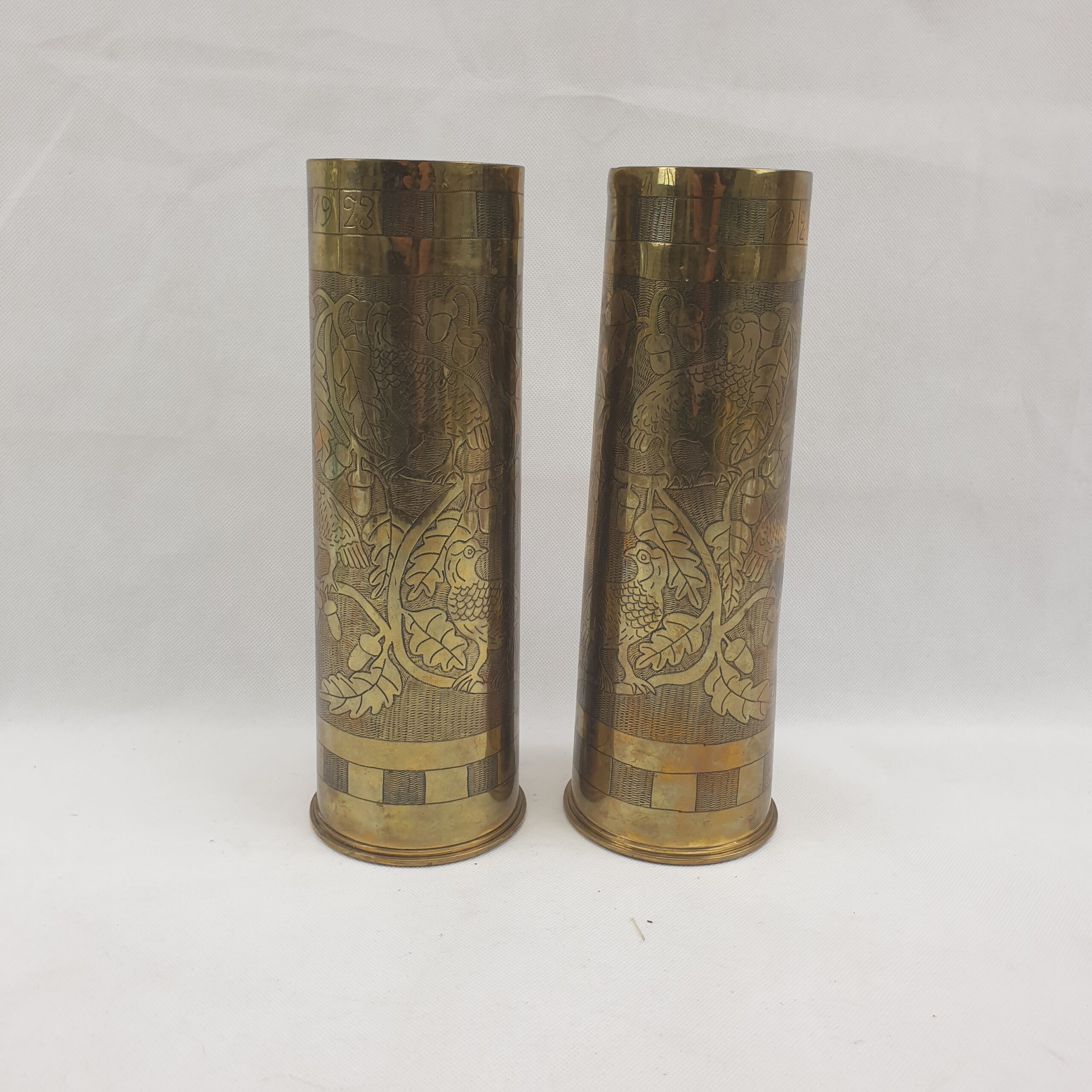Fine Pair Of 1923 Trench Art Made From 18 Pounder 1918 Dated Shell Cases With Birds - Image 4