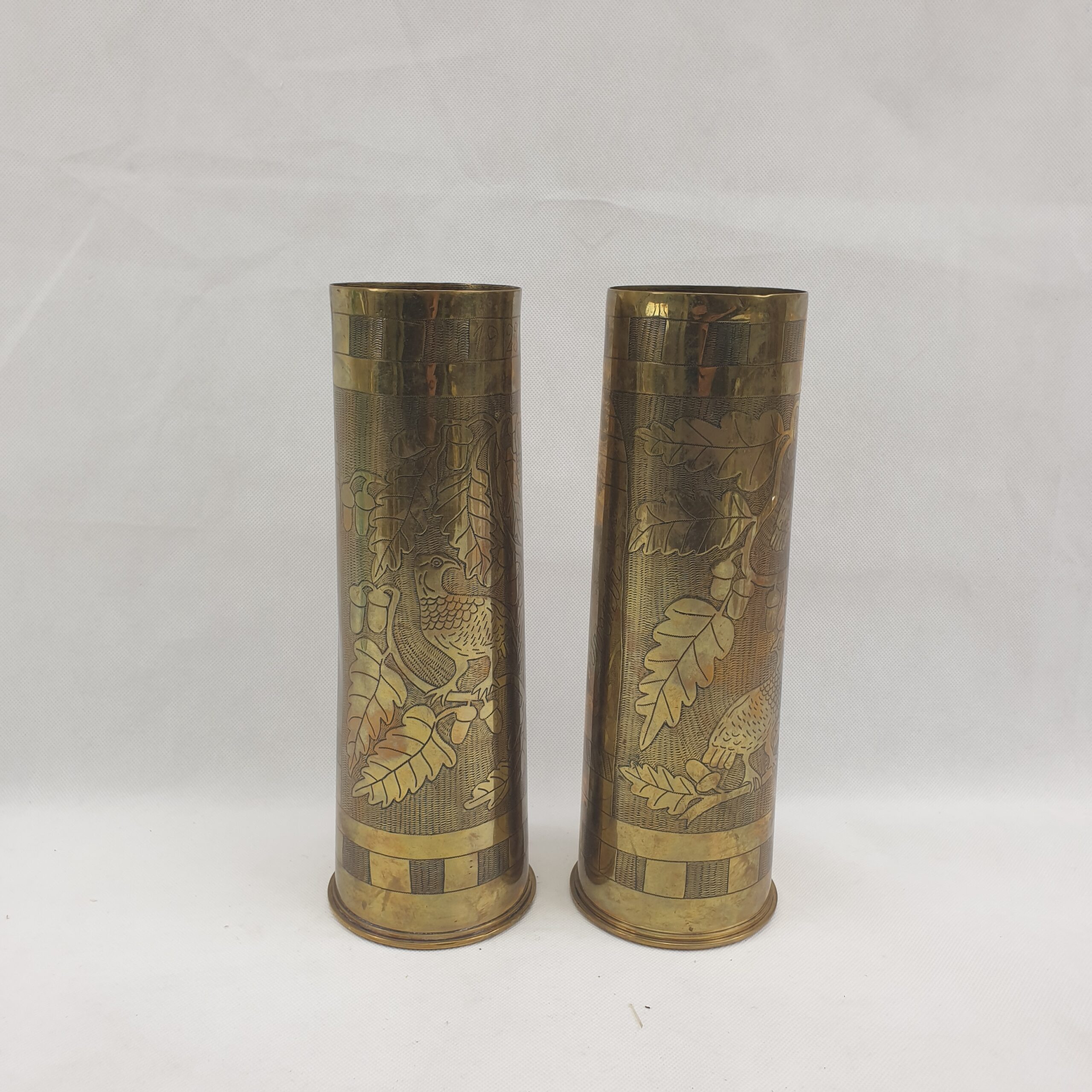 Fine Pair Of 1923 Trench Art Made From 18 Pounder 1918 Dated Shell Cases With Birds - Image 2