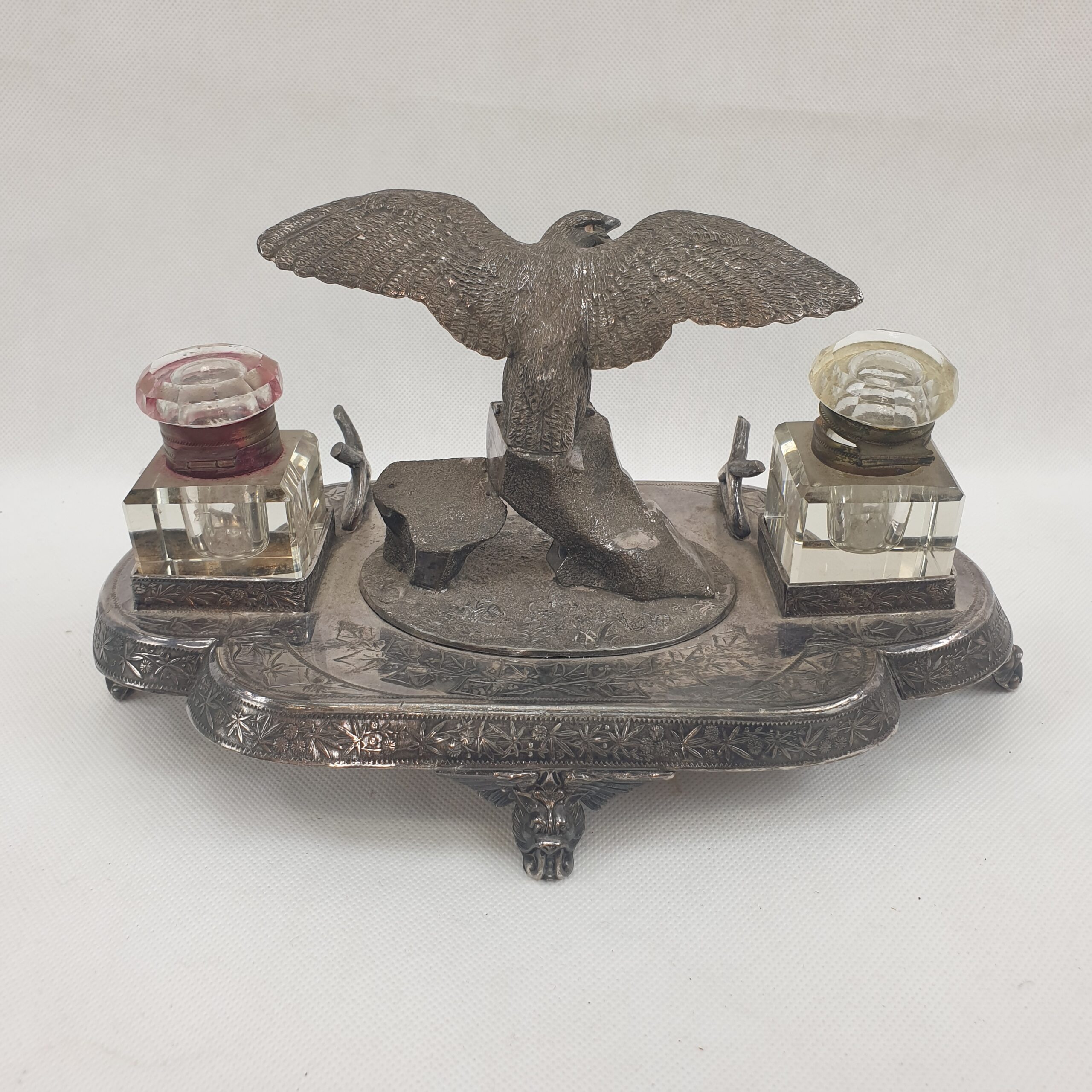 Fine Victorian Silver Plated James Deakin & Sons Inkstand With Twin Inkwells With Eagle Centrepiece - Image 2
