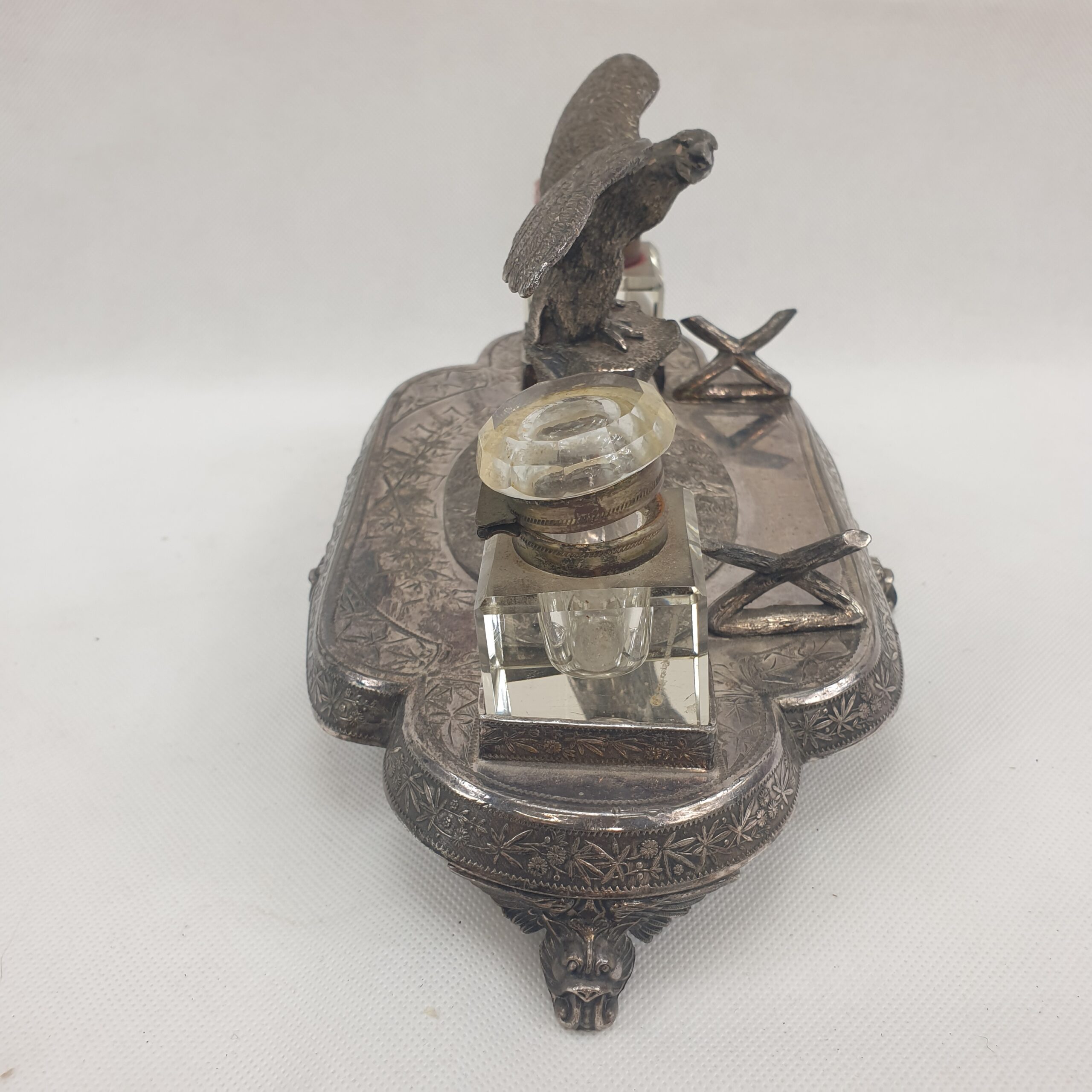 Fine Victorian Silver Plated James Deakin & Sons Inkstand With Twin Inkwells With Eagle Centrepiece - Image 4