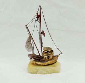 Quirky Folk Art Brass Trawler On Onyx Base