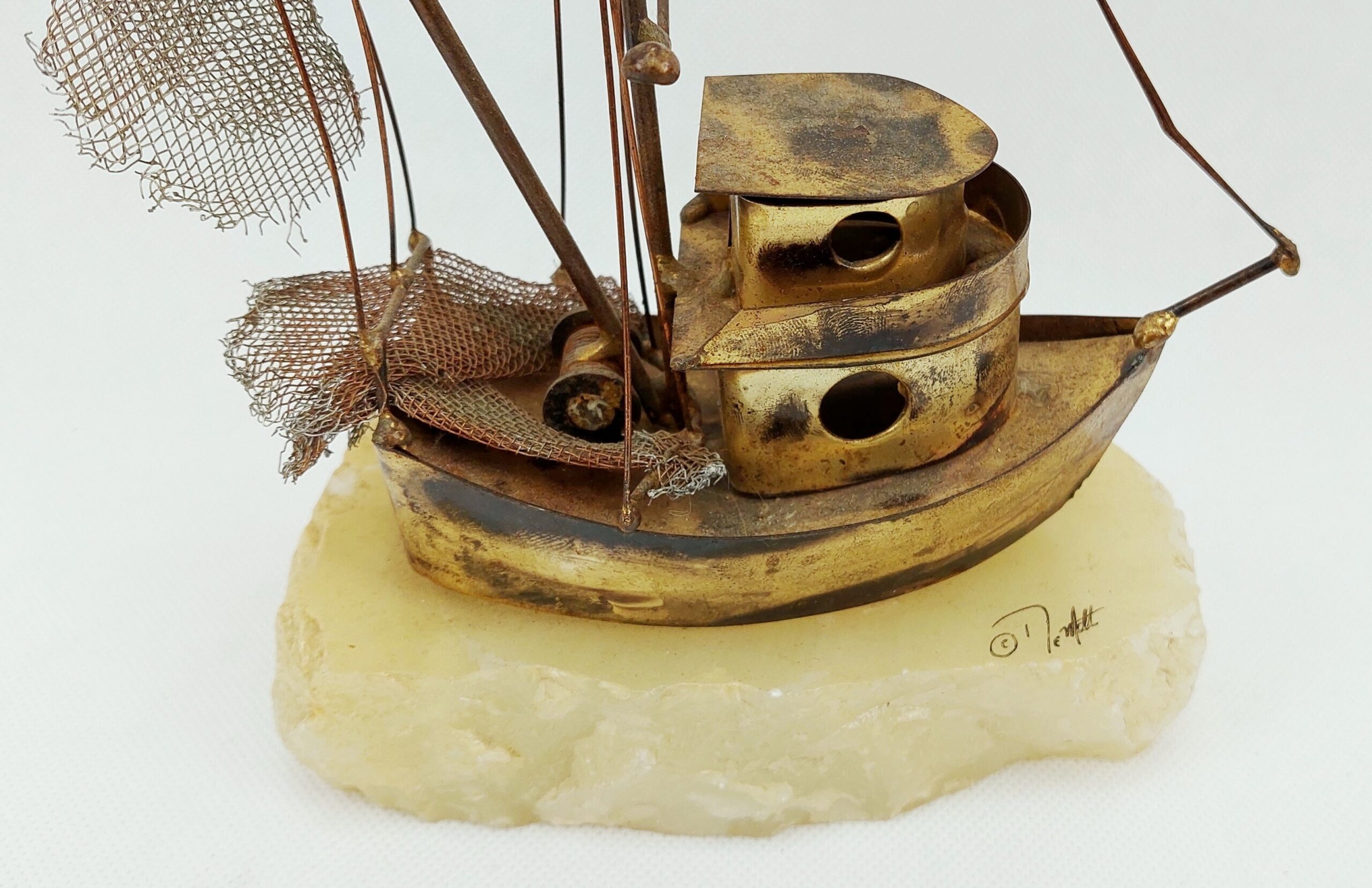 Quirky Folk Art Brass Trawler On Onyx Base - Image 6