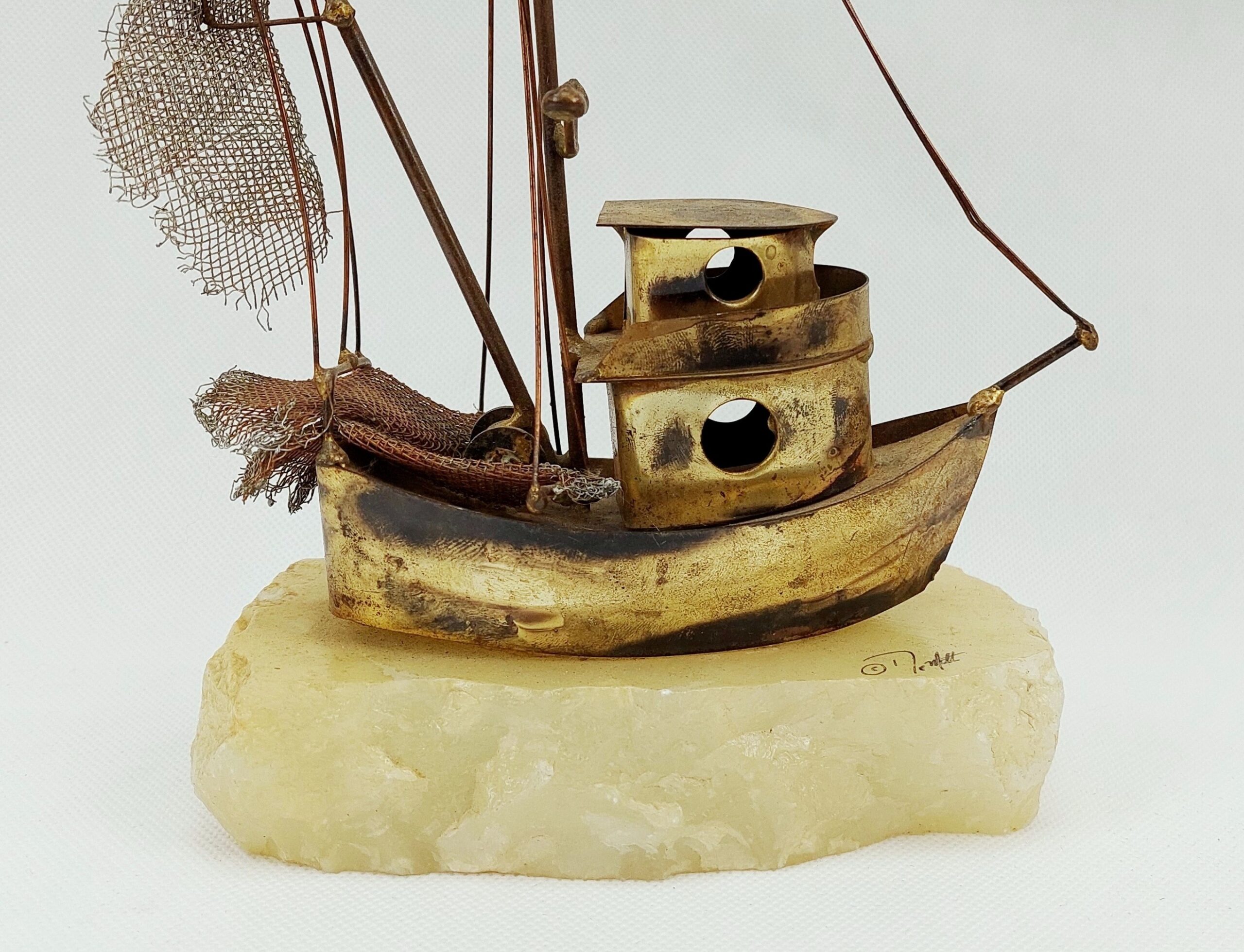 Quirky Folk Art Brass Trawler On Onyx Base - Image 7