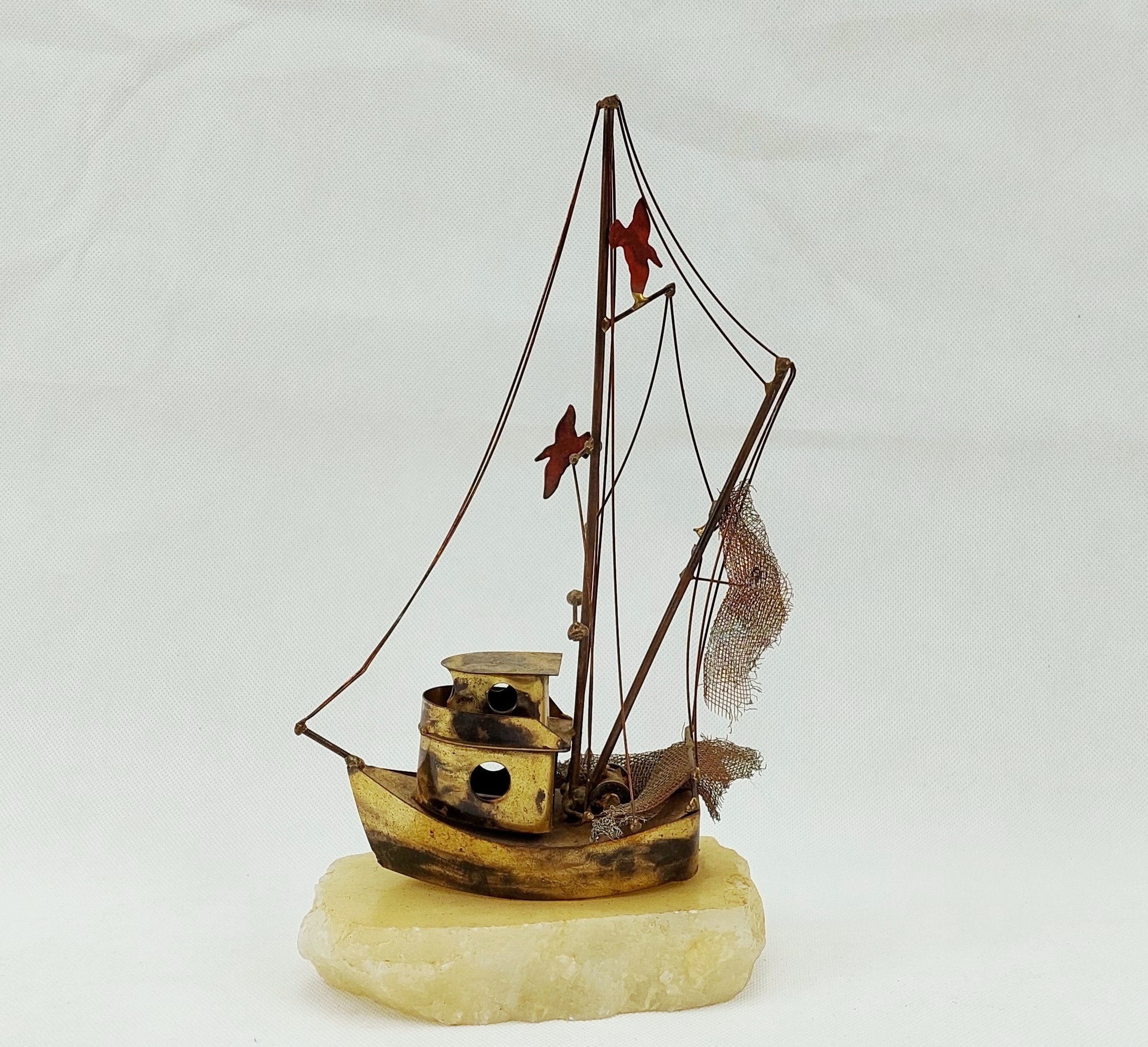 Quirky Folk Art Brass Trawler On Onyx Base - Image 2