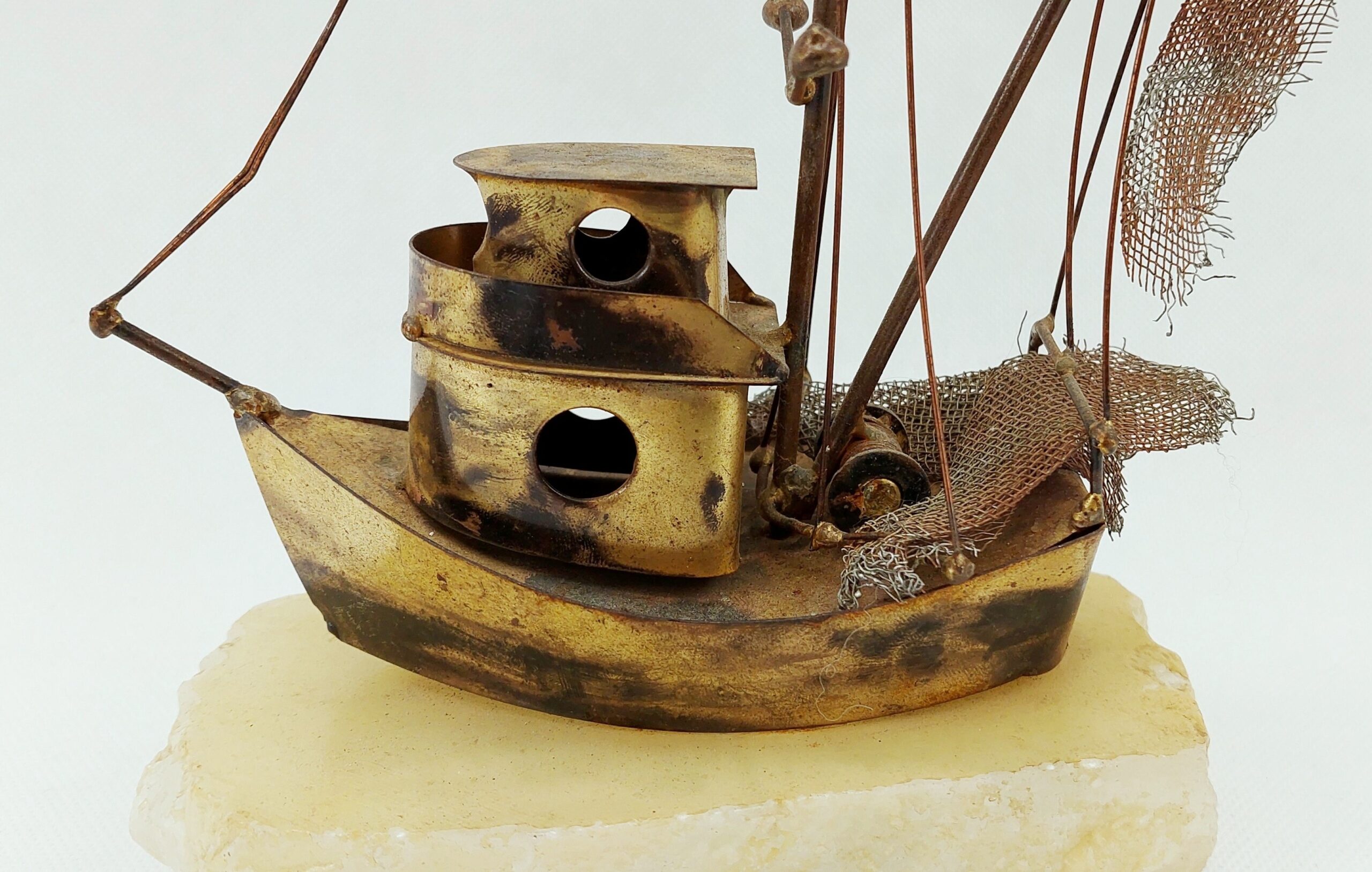 Quirky Folk Art Brass Trawler On Onyx Base - Image 5