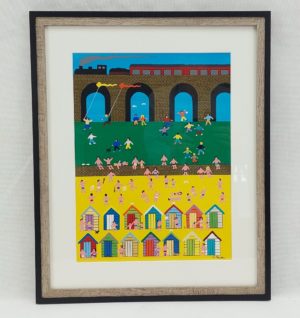 Framed Gordon Barker (Contemporary Artist) Acrylic Beach Scene With Figures And A Train