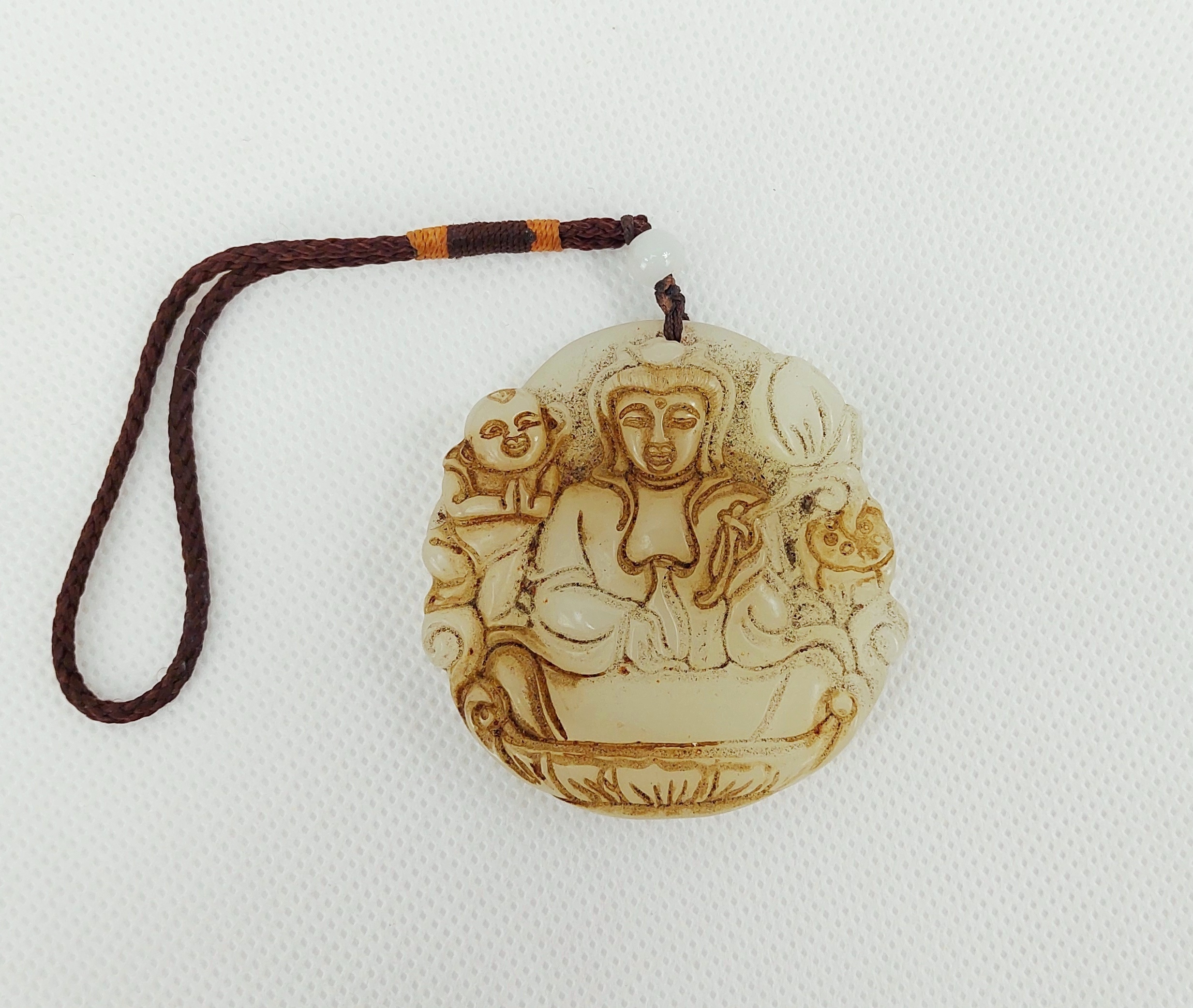 Chinese Nephrite Jade Pendant Of Buddha With Child & Lotus Flower