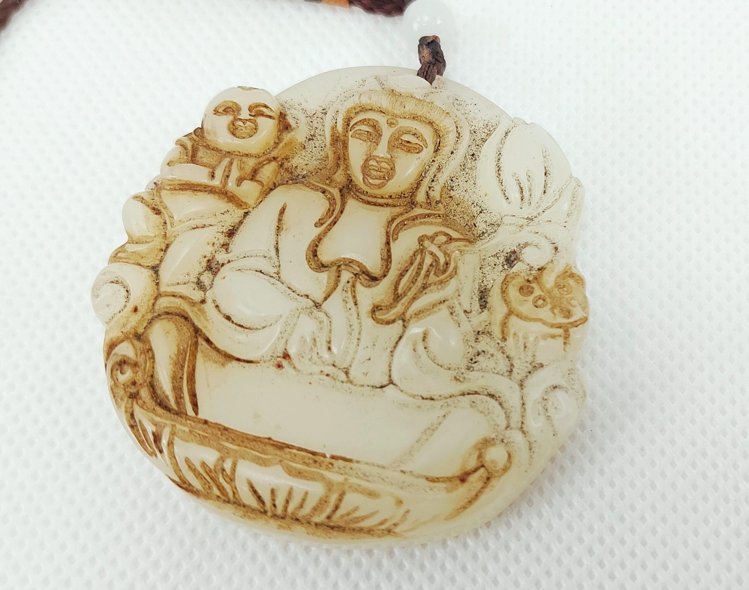 Chinese Nephrite Jade Pendant Of Buddha With Child & Lotus Flower - Image 2