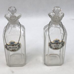 Pair Of Cut Glass Spirit Decanters With Ceramic Brandy And Gin Labels