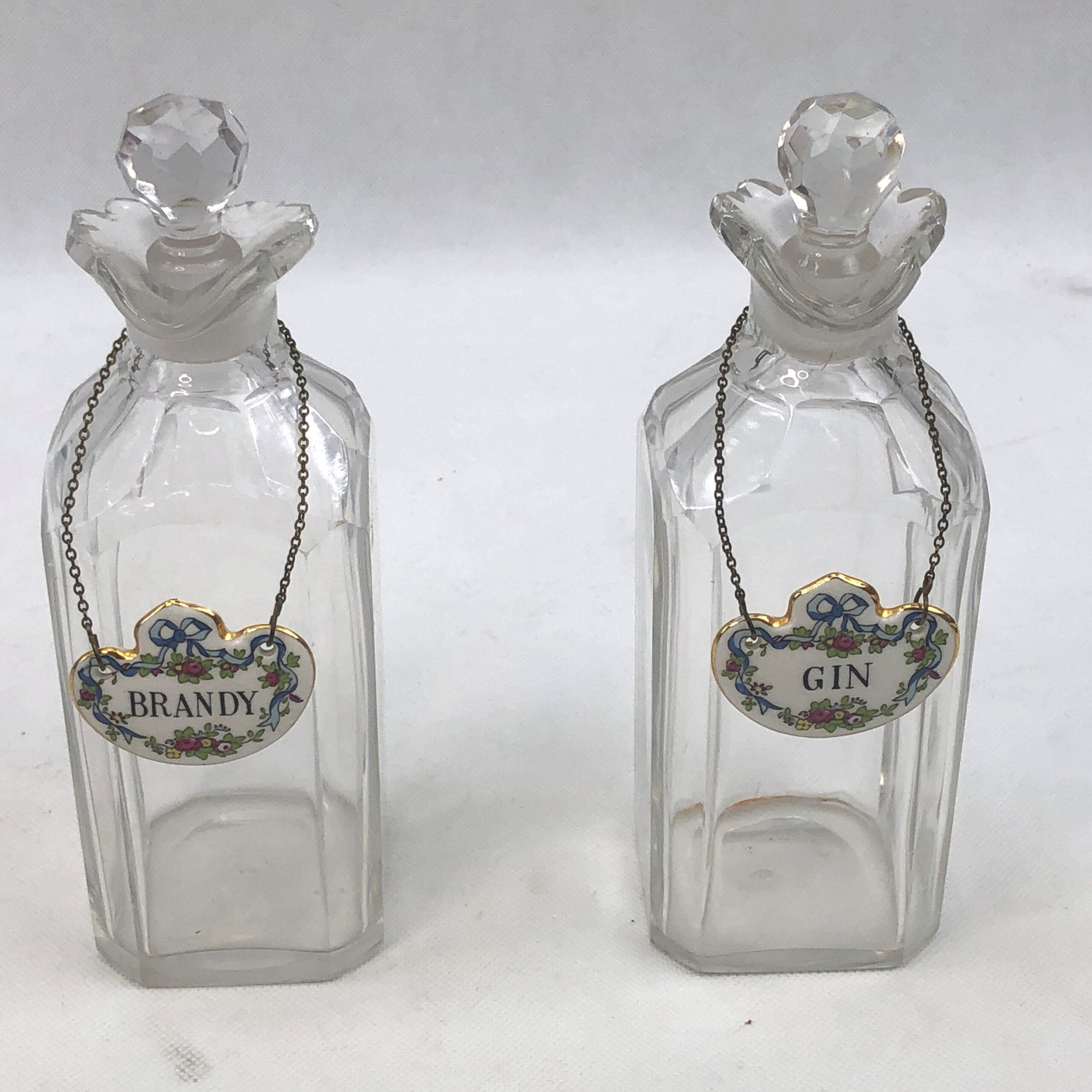 Pair Of Cut Glass Spirit Decanters With Ceramic Brandy And Gin Labels