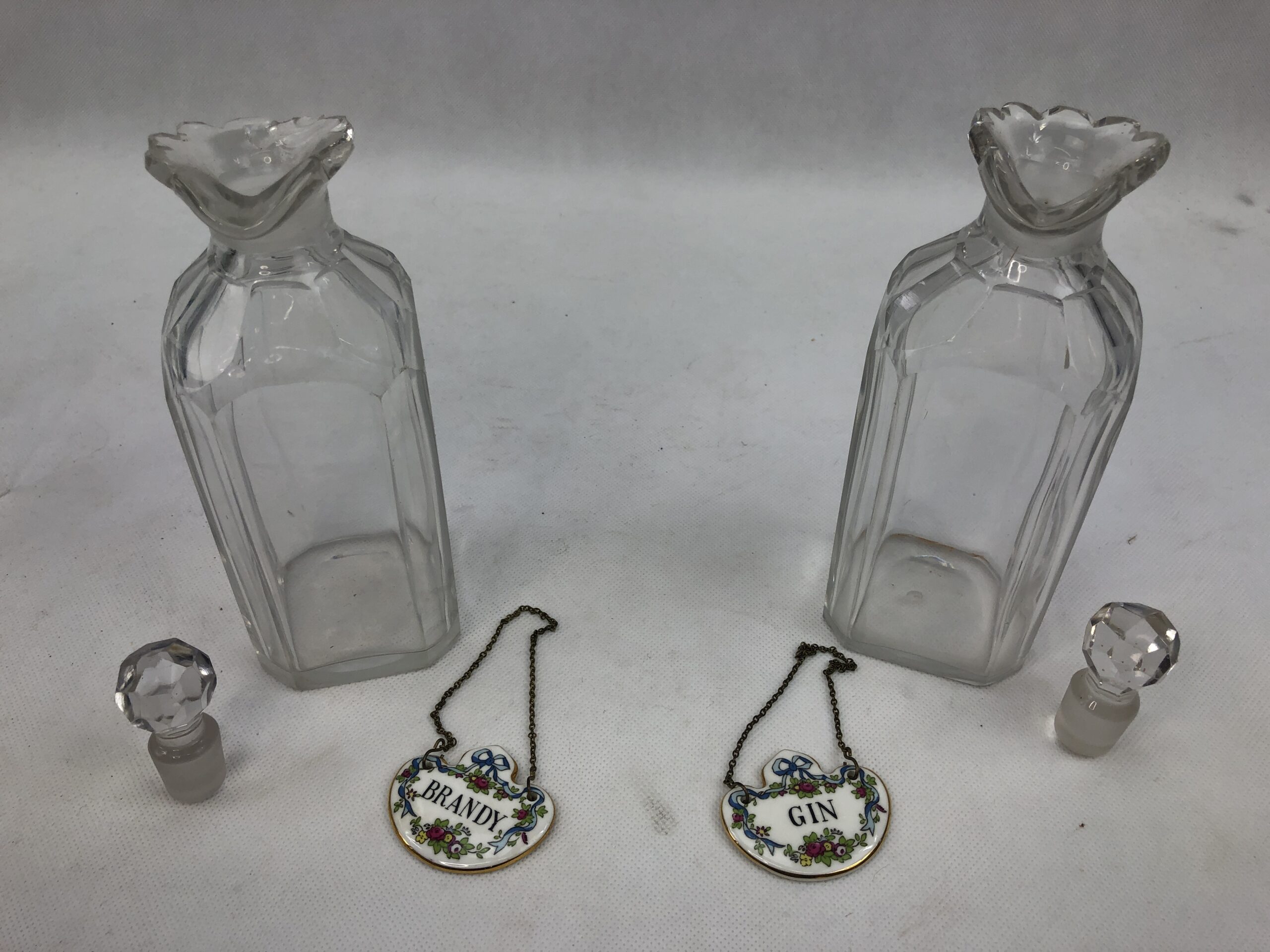 Pair Of Cut Glass Spirit Decanters With Ceramic Brandy And Gin Labels - Image 4
