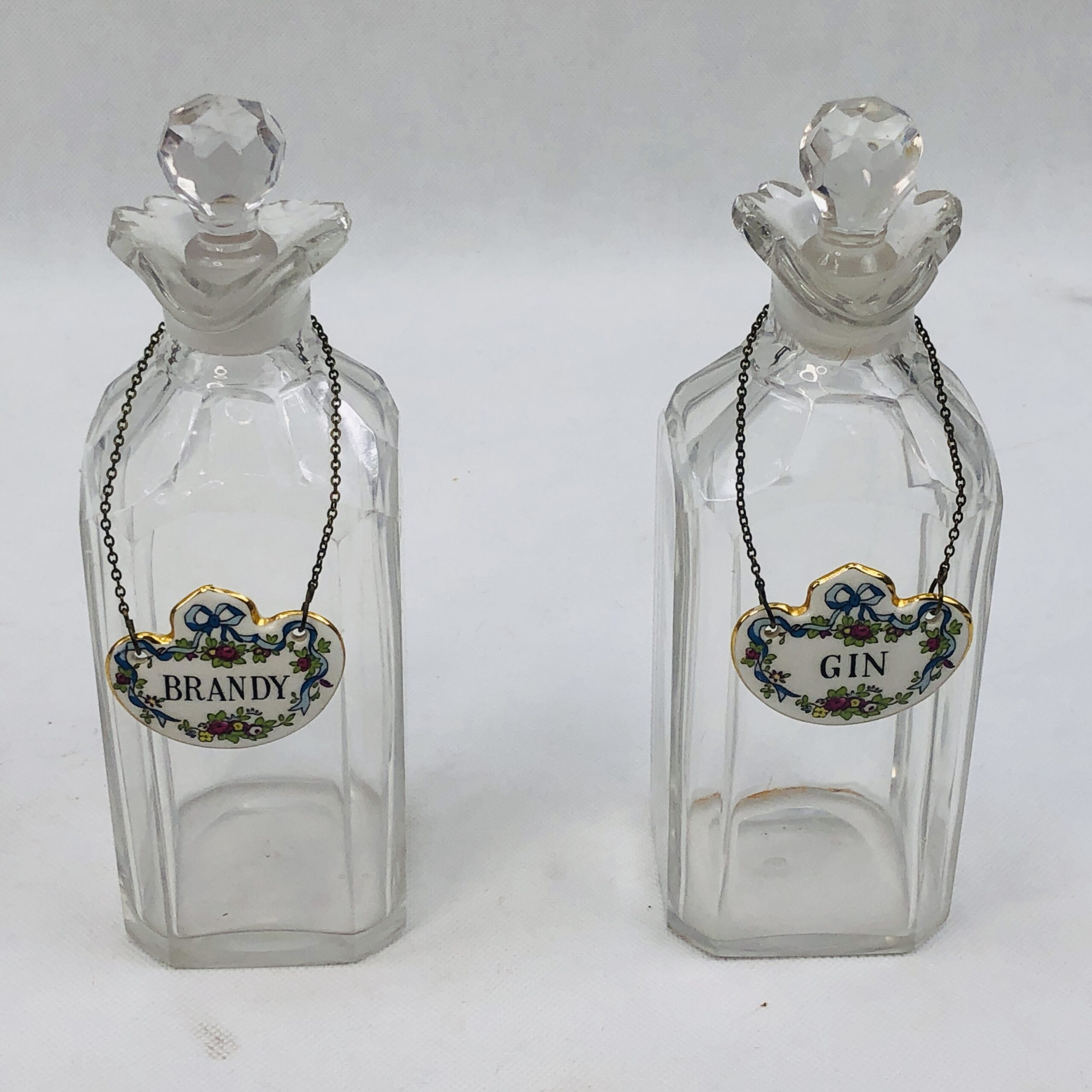 Pair Of Cut Glass Spirit Decanters With Ceramic Brandy And Gin Labels - Image 3