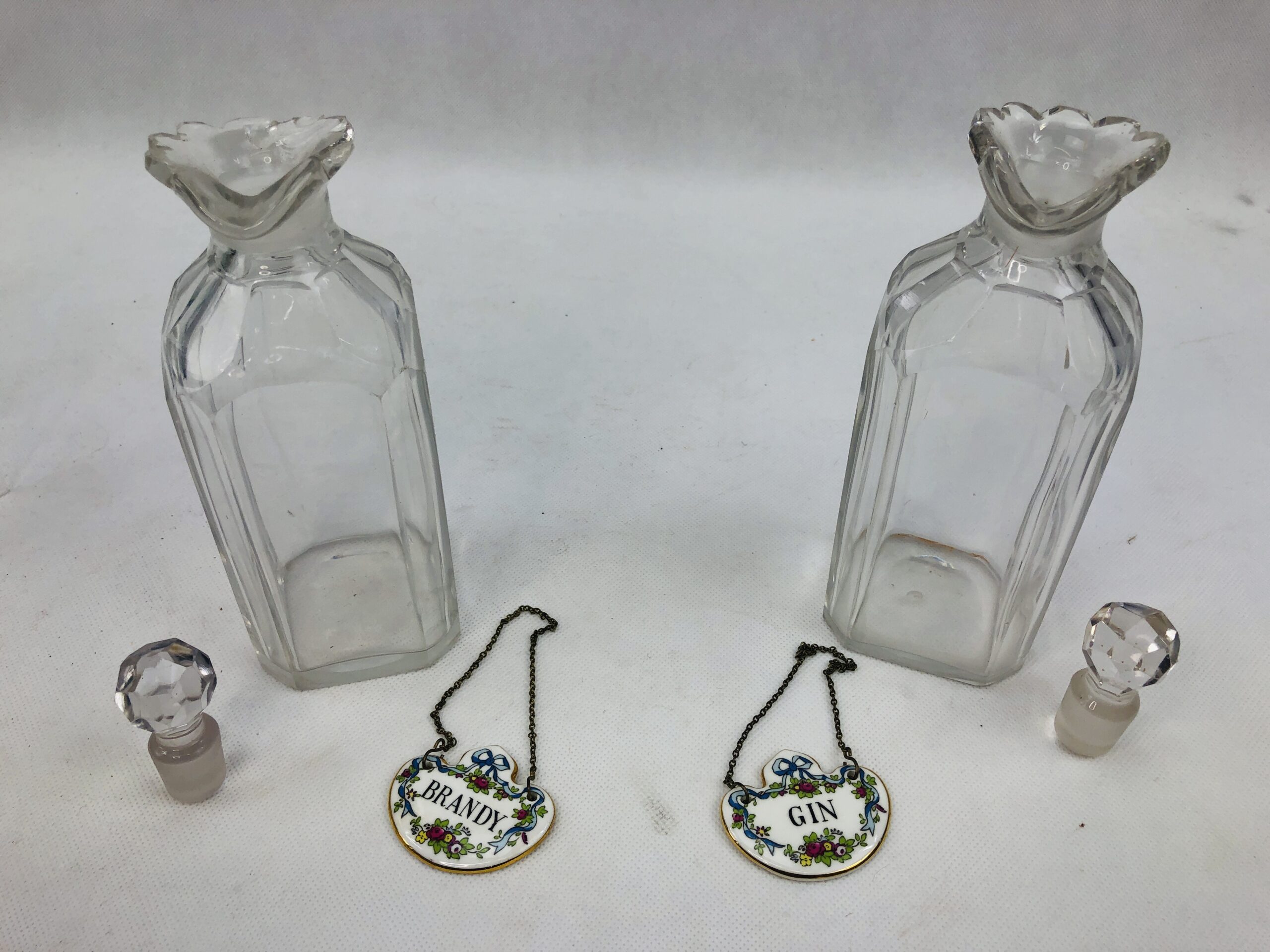 Pair Of Cut Glass Spirit Decanters With Ceramic Brandy And Gin Labels - Image 2