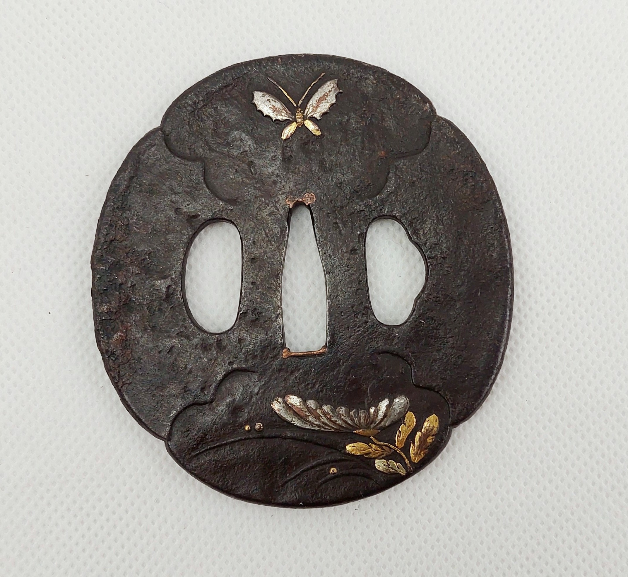 Antique Japanese Edo Period Bronze Katana Sword Tsuba With A Butterfly And Flower