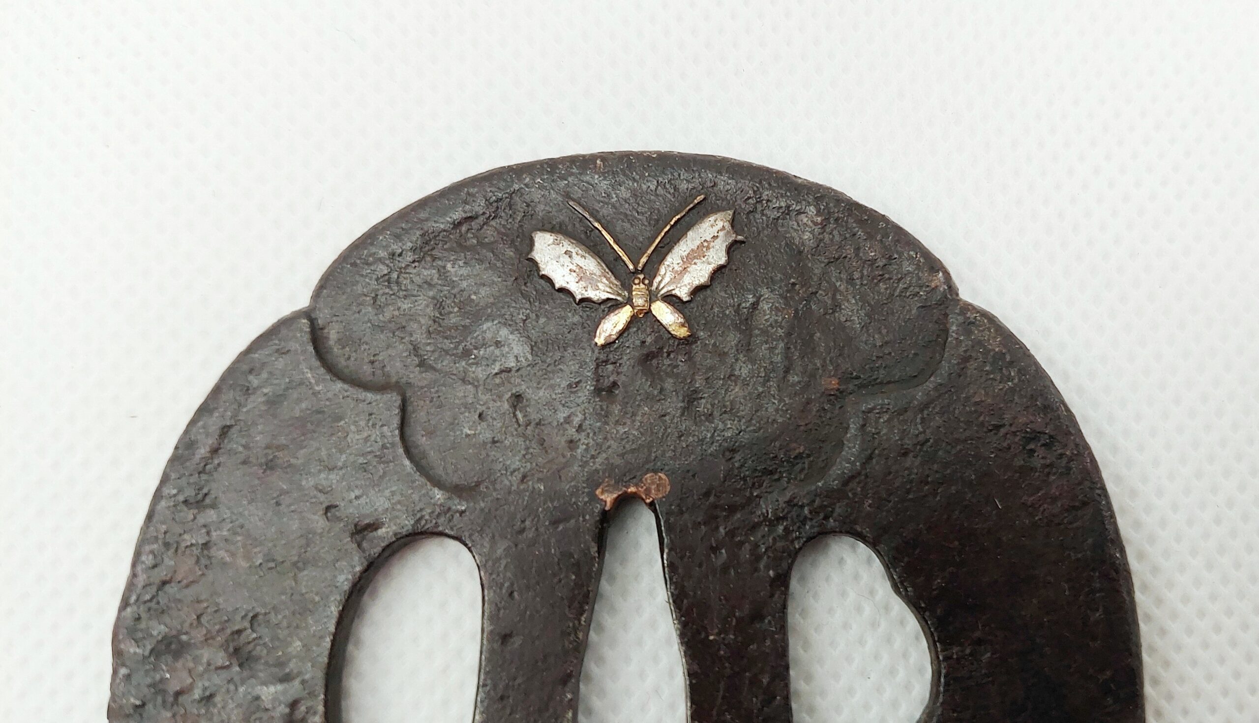 Antique Japanese Edo Period Bronze Katana Sword Tsuba With A Butterfly And Flower - Image 3