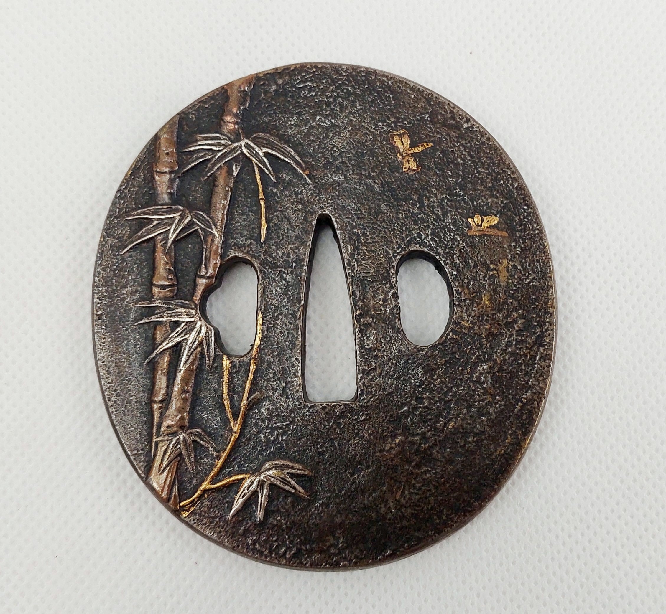 Antique Japanese Edo Period Bronze Katana Sword Tsuba With Bamboo Canes