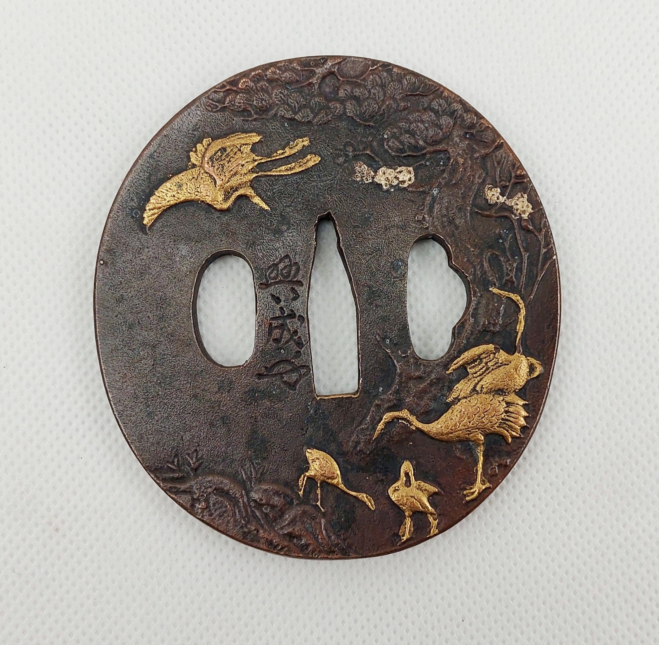 Antique Japanese Edo Period Bronze Katana Sword Tsuba With Herons
