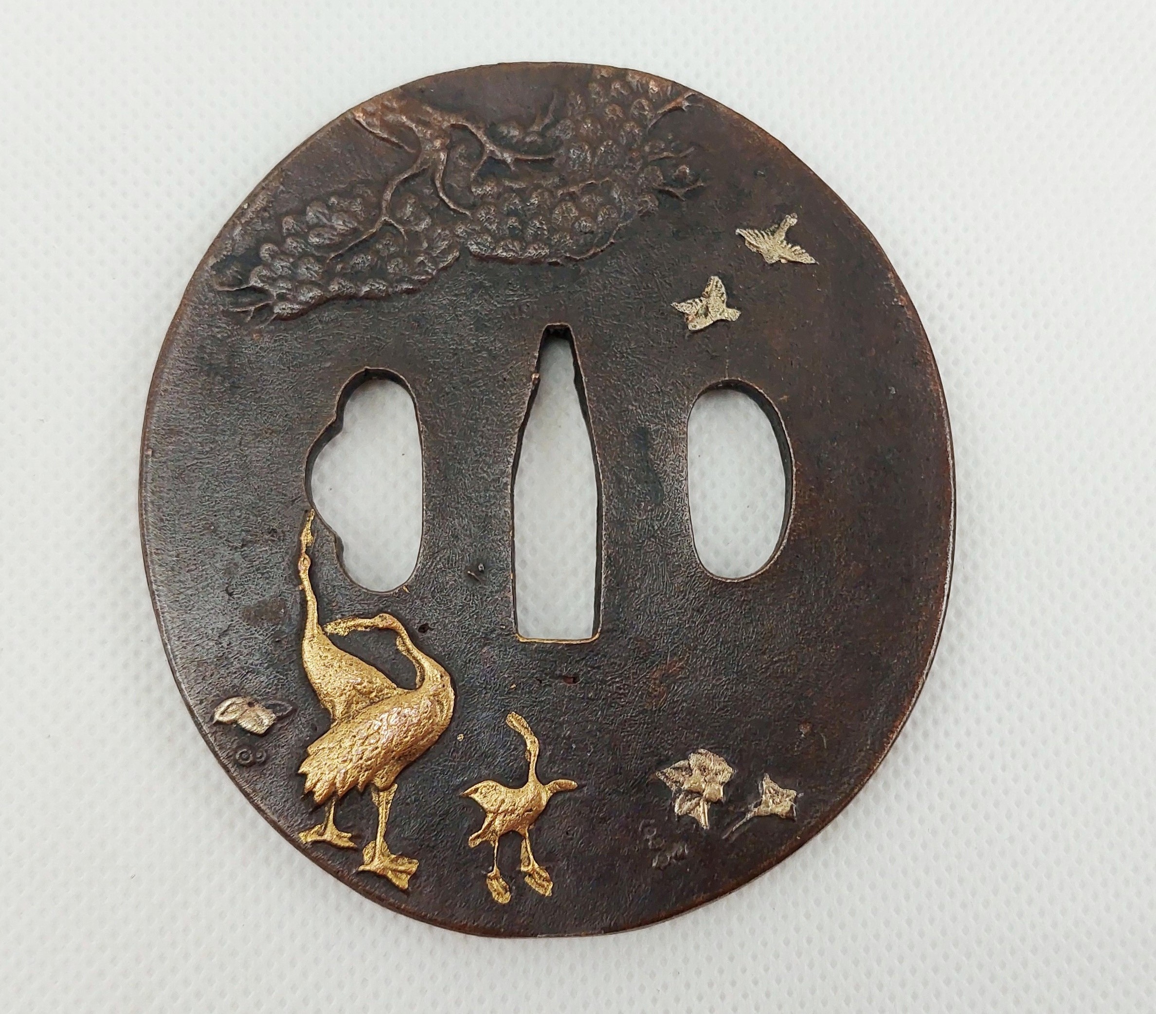 Antique Japanese Edo Period Bronze Katana Sword Tsuba With Herons - Image 2