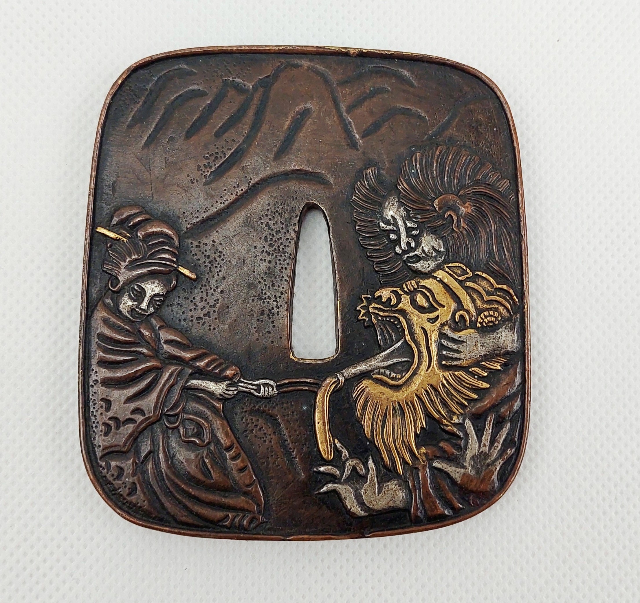 Antique Japanese Edo Period Bronze Katana Sword Tsuba With Mythical Beasts