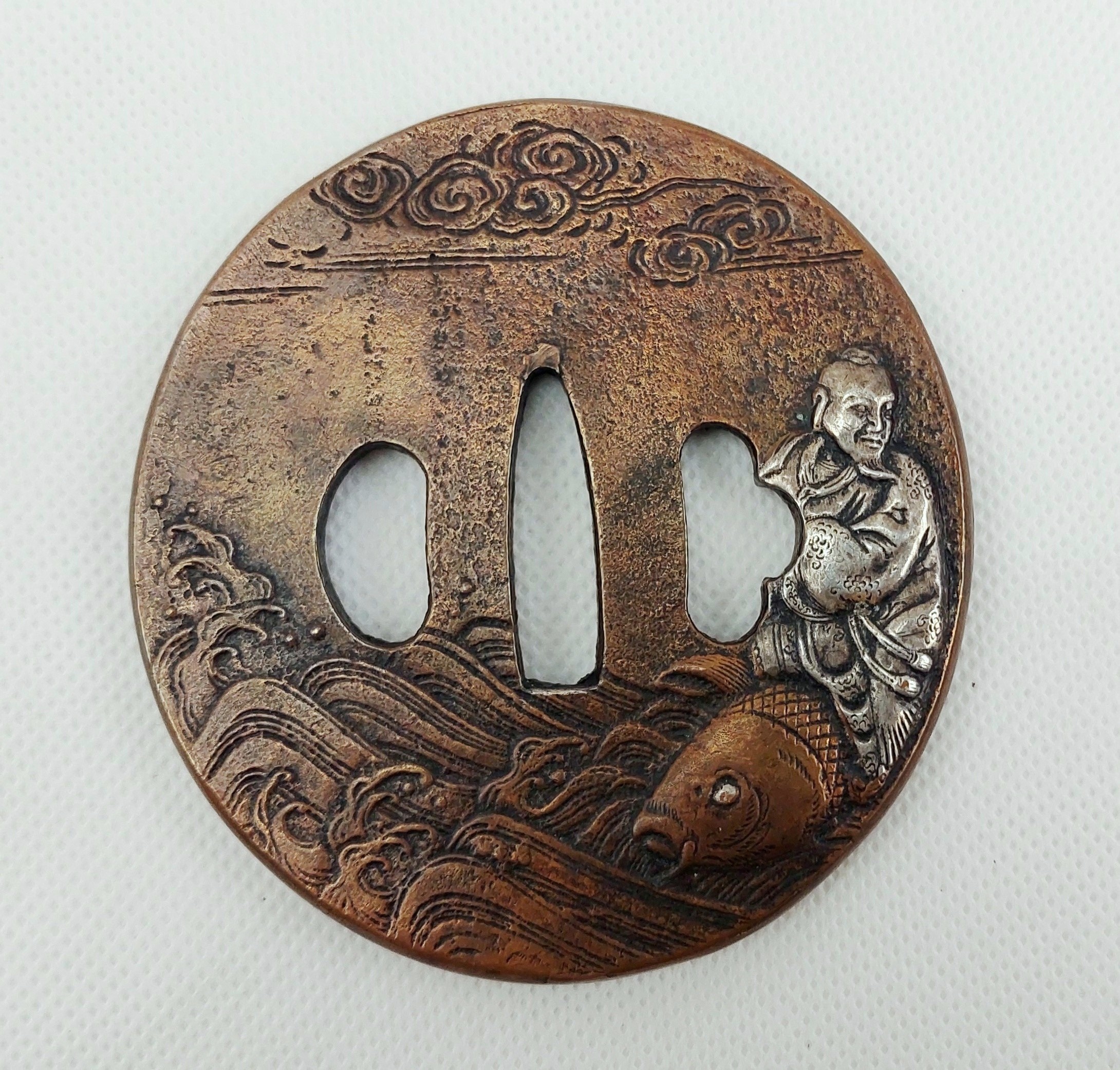 Antique Japanese Edo Period Bronze Katana Sword Tsuba With Sea Scenes