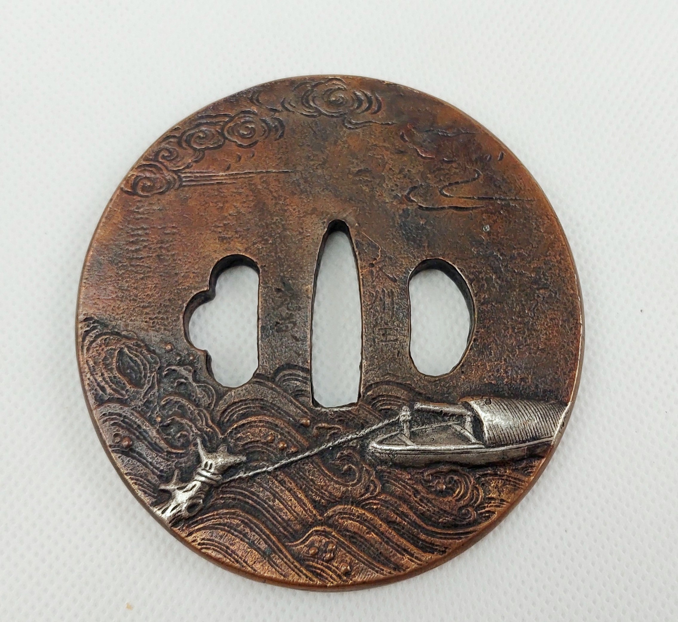Antique Japanese Edo Period Bronze Katana Sword Tsuba With Sea Scenes - Image 2