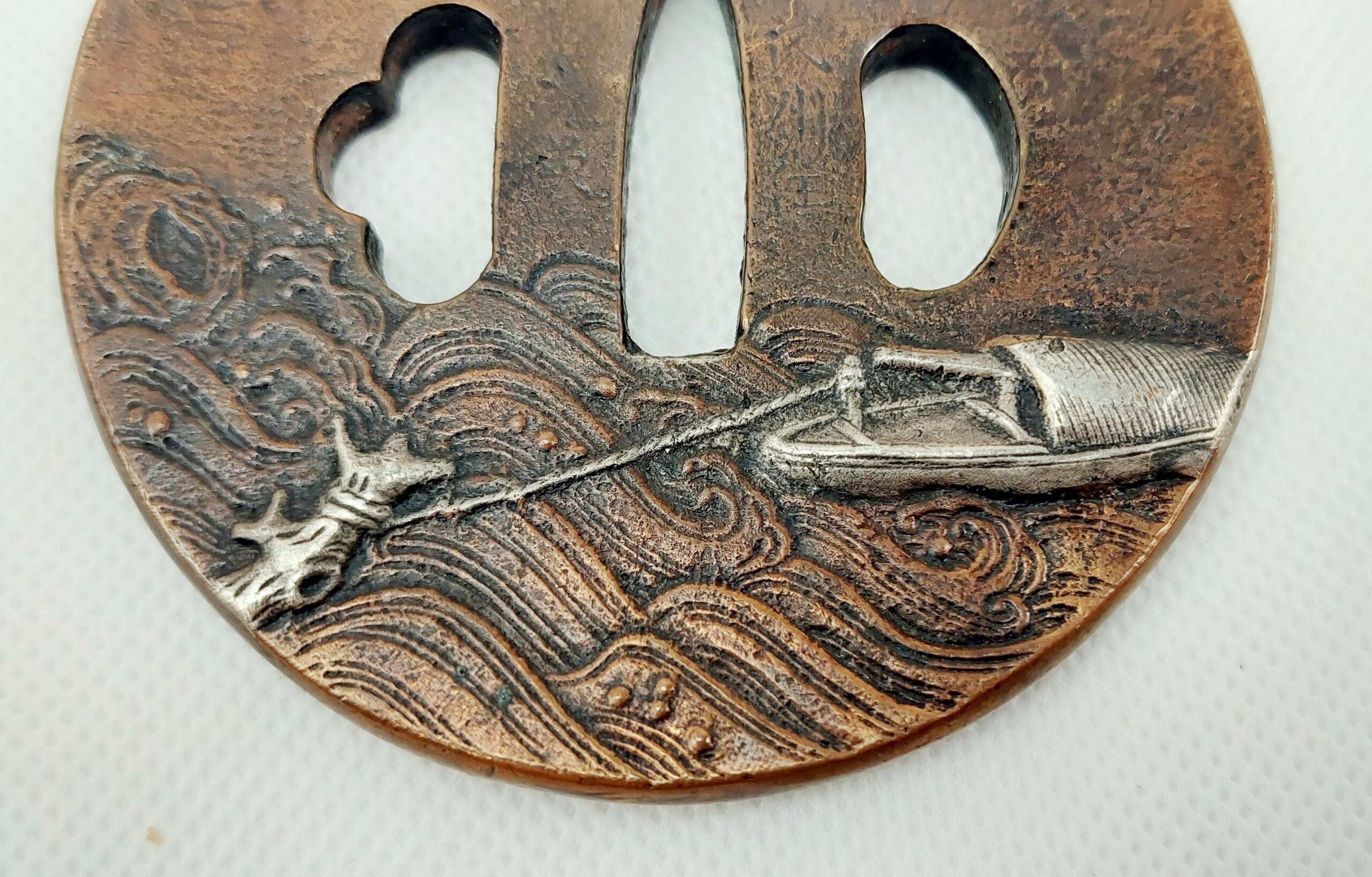 Antique Japanese Edo Period Bronze Katana Sword Tsuba With Sea Scenes - Image 4