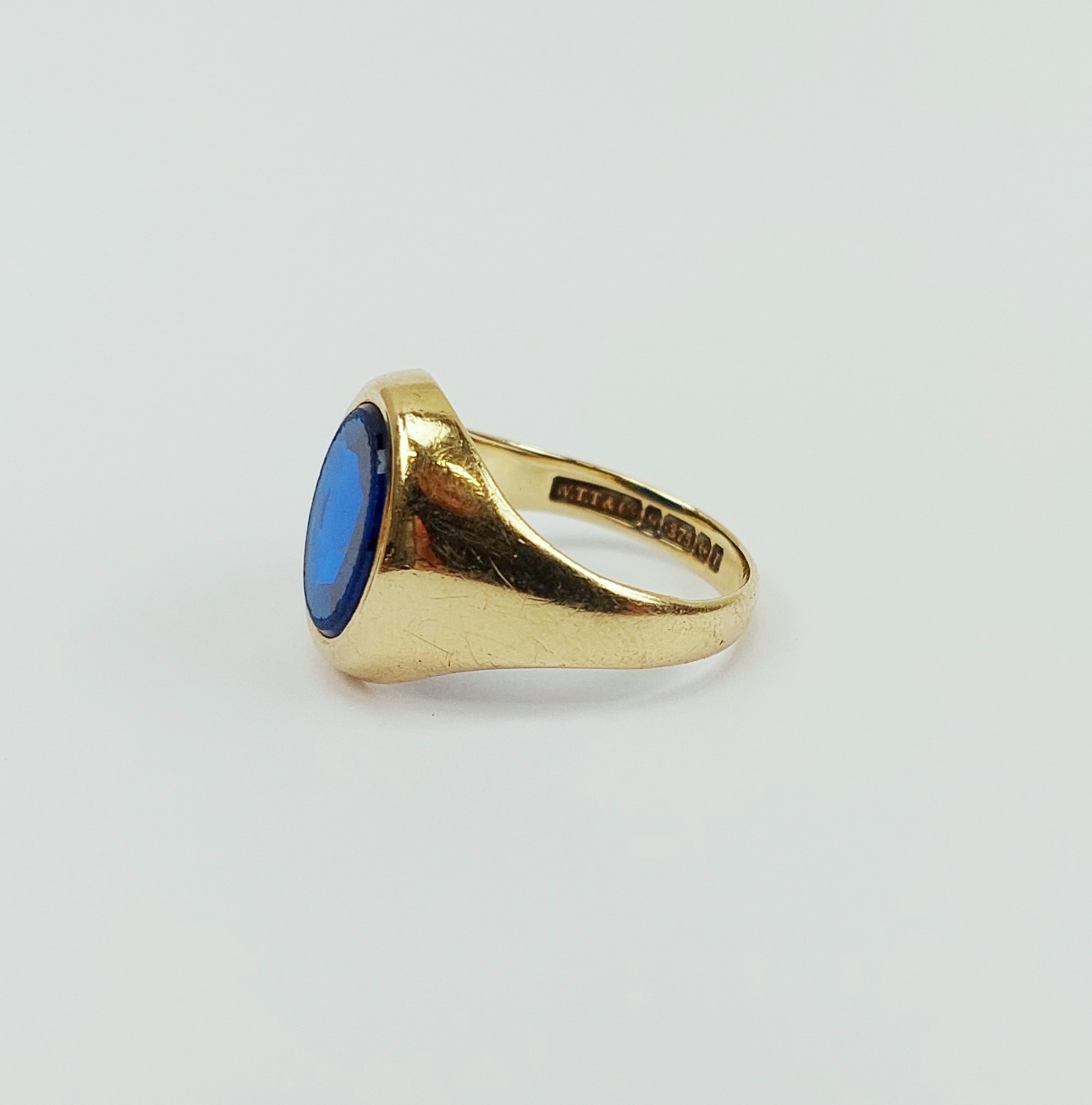 Gents 9ct Gold Blue Stone Signet Ring UK Size O, US 7 - Image 2