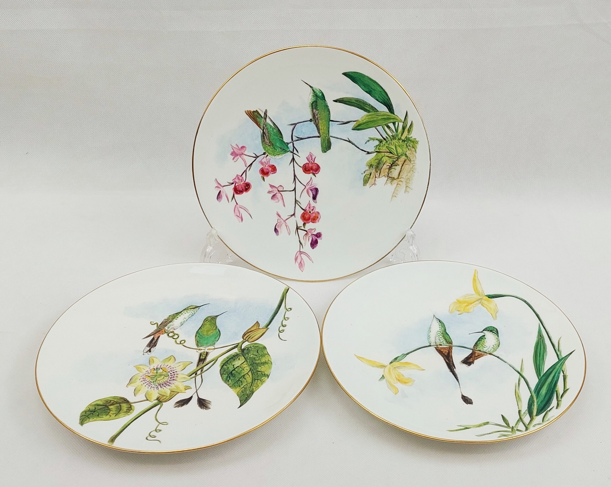 Set of Three Plates Hand Painted with Birds c1885